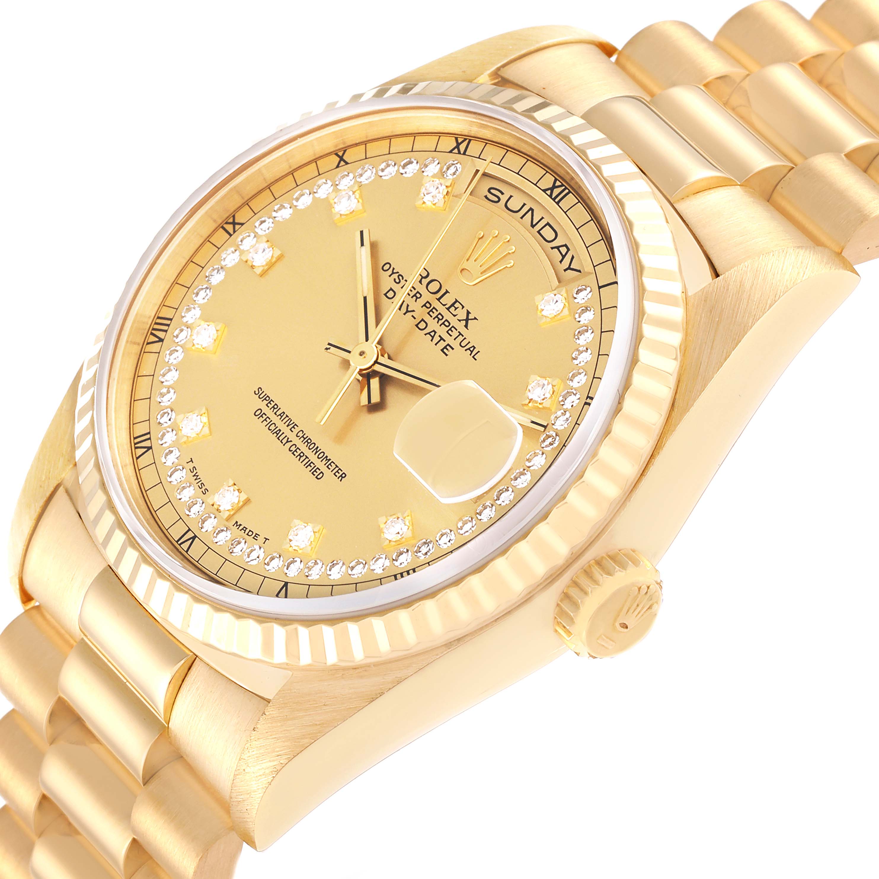 The image shows a close-up of a Rolex President 18238 Men
s Yellow Gold Champagne Dial 18238 Men
s Yellow Gold Champagne Dial model watch, highlighting the gold dial, fluted bezel, and part of the bracelet.
