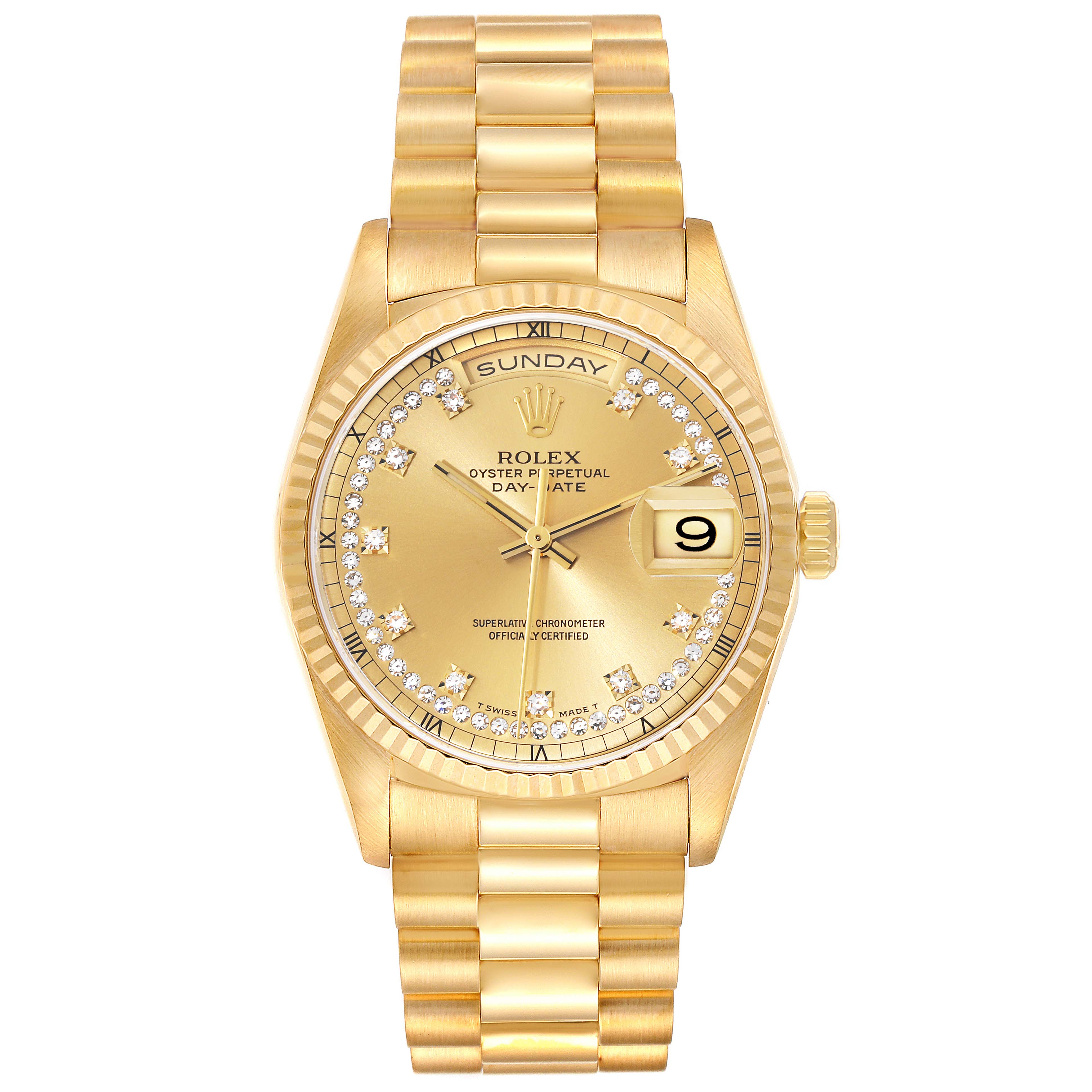 The image shows a Rolex President 18238 Men
s Yellow Gold Champagne Dial 18238 Men
s Yellow Gold Champagne Dial model watch with a gold bracelet, day, and date features, viewed from the front.
