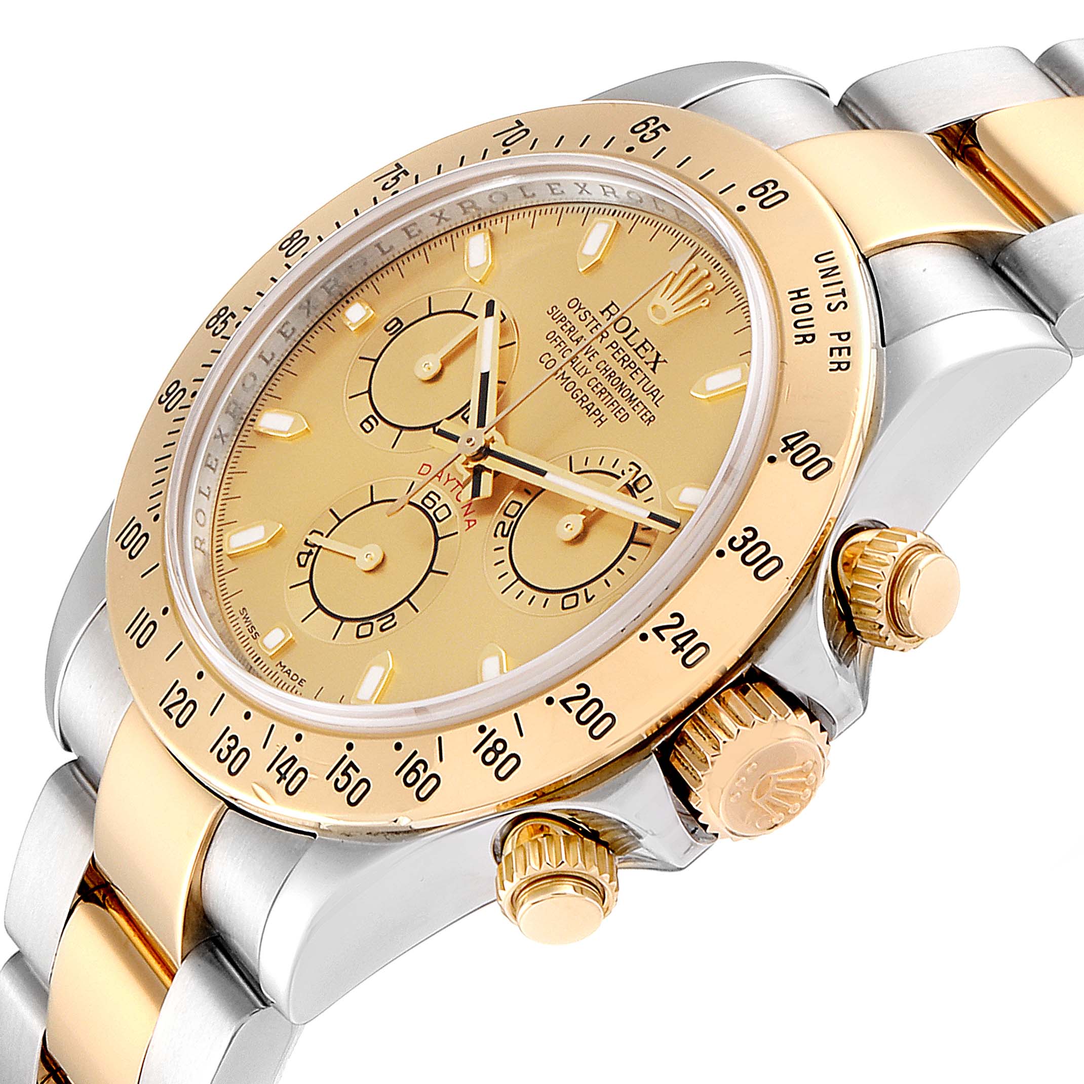 This image shows a side view of the gold-and-silver Rolex Daytona 116523 Men's Steel and Gold (two tone) Champagne Dial 116523 Men's Steel and Gold (two tone) Champagne Dial watch, highlighting its bezel, dial, crown, and pushers.