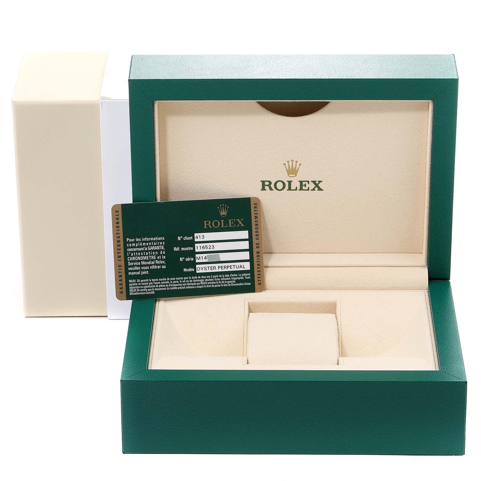 The image shows a Rolex Daytona 116523 Men's Steel and Gold (two tone) Champagne Dial 116523 Men's Steel and Gold (two tone) Champagne Dial watch box and warranty card from a frontal angle.