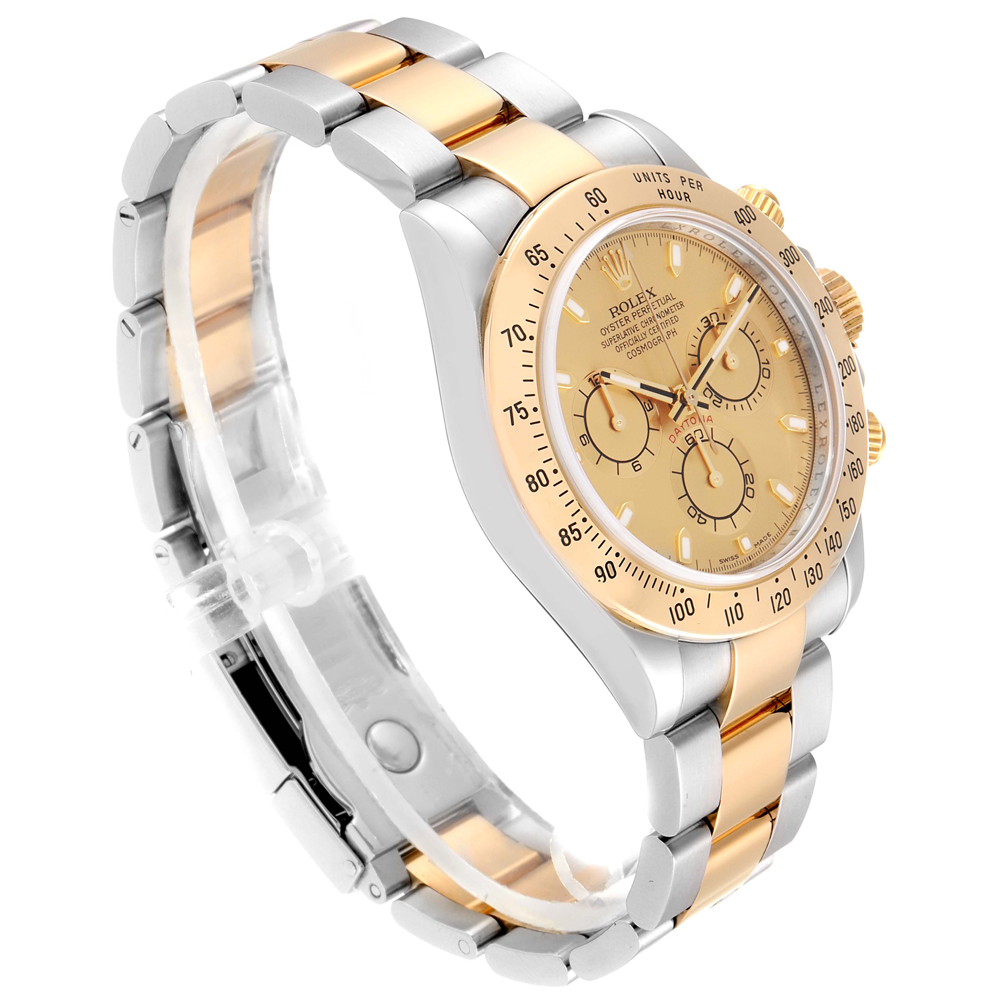 The image shows a Rolex Daytona 116523 Men's Steel and Gold (two tone) Champagne Dial 116523 Men's Steel and Gold (two tone) Champagne Dial watch at an angled side view, clearly displaying the dial, bezel, and bracelet.