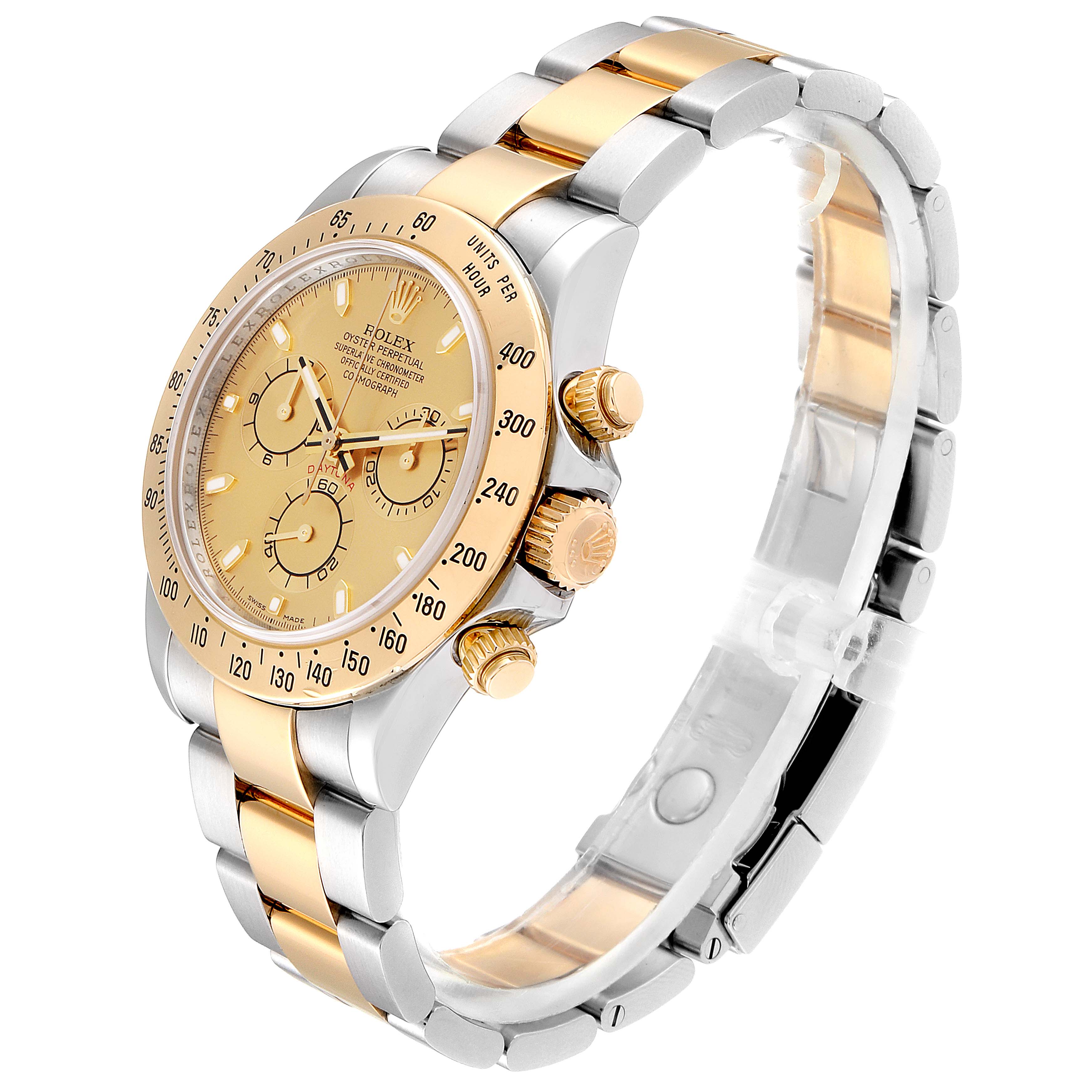 This image shows a Rolex Daytona 116523 Men's Steel and Gold (two tone) Champagne Dial 116523 Men's Steel and Gold (two tone) Champagne Dial watch at a three-quarter angle, highlighting its dial, bezel, crown, and bracelet.