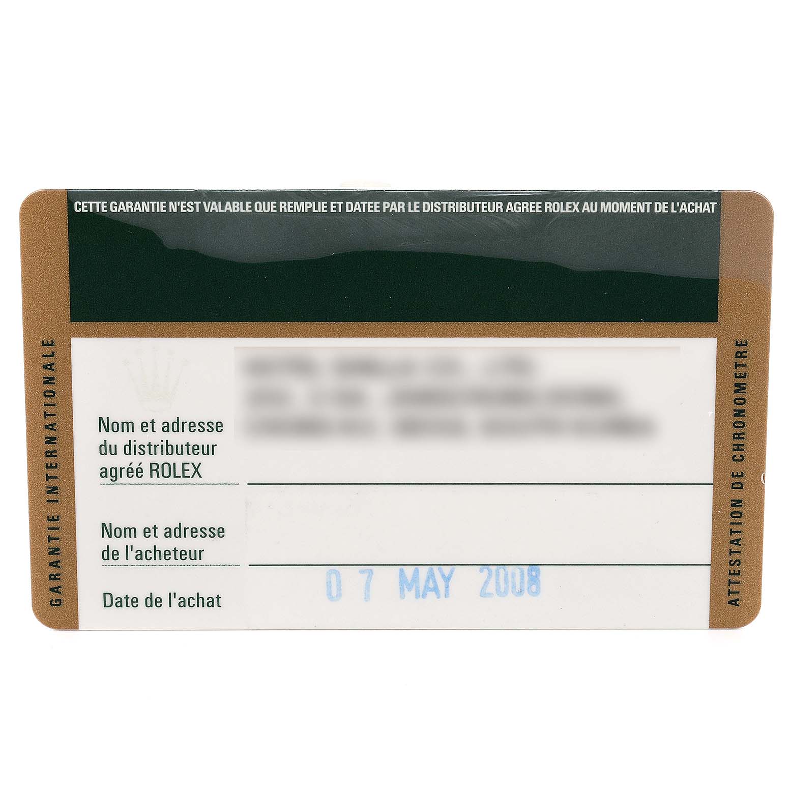 This is a Rolex Daytona 116523 Men's Steel and Gold (two tone) Champagne Dial 116523 Men's Steel and Gold (two tone) Champagne Dial model warranty card shown from the front, displaying the purchase date and dealer information.