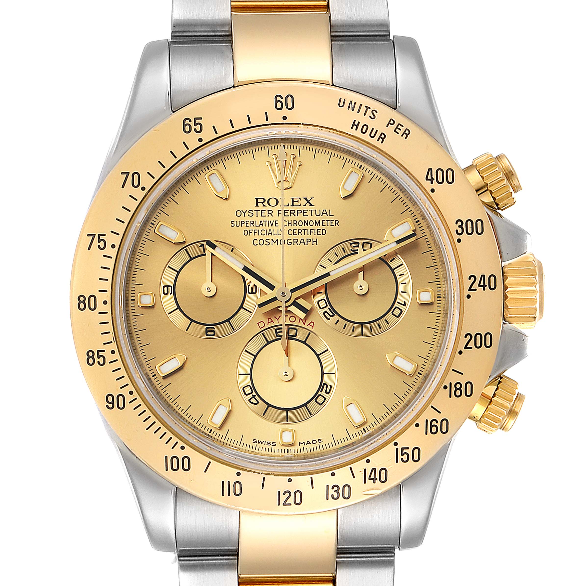 The image shows a front view of a Rolex Daytona 116523 Men's Steel and Gold (two tone) Champagne Dial 116523 Men's Steel and Gold (two tone) Champagne Dial watch, highlighting its gold dial, bezel, and chronograph features.