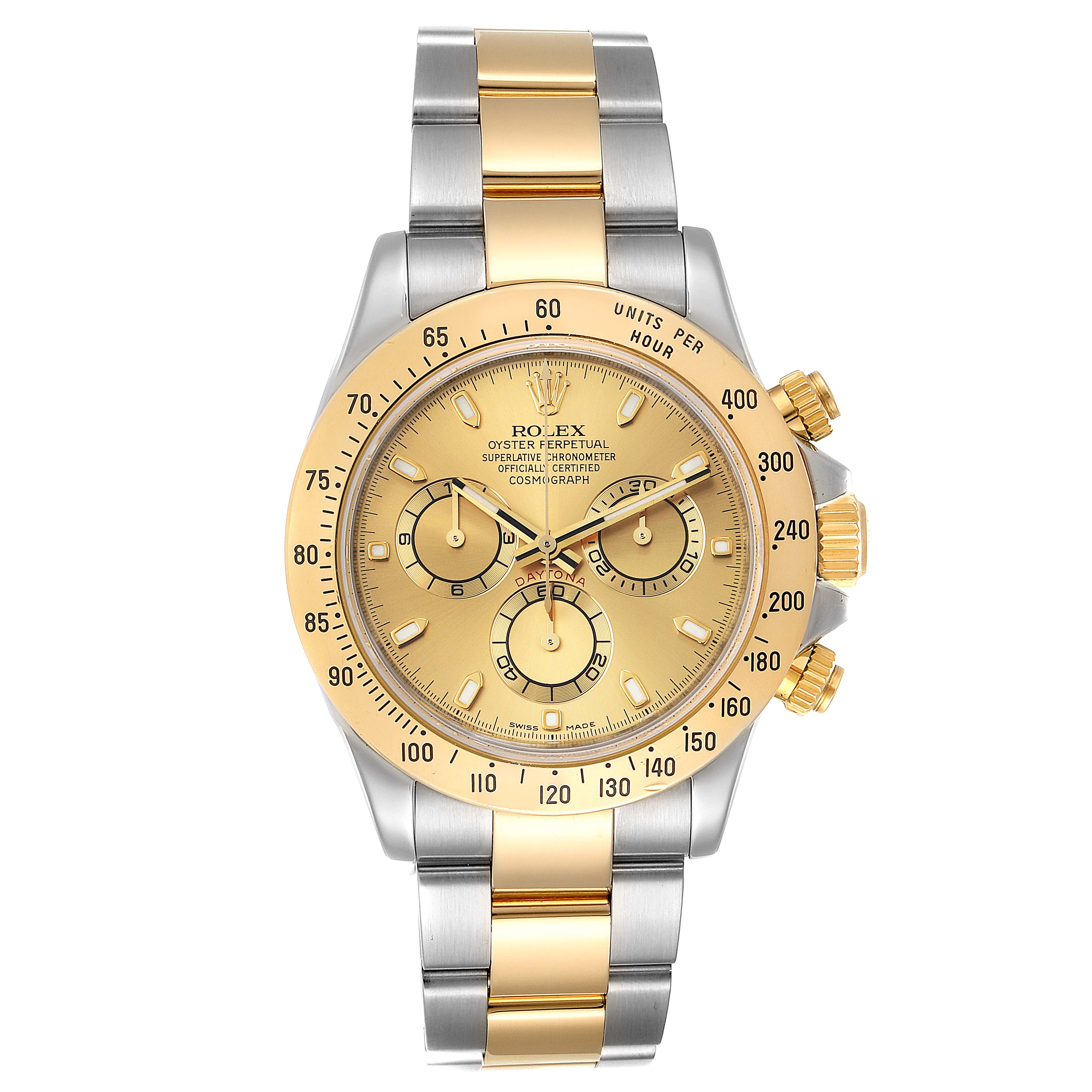 The image shows a front view of a Rolex Daytona 116523 Men's Steel and Gold (two tone) Champagne Dial 116523 Men's Steel and Gold (two tone) Champagne Dial watch with a gold and silver bracelet, gold bezel, and gold chronograph subdials.
