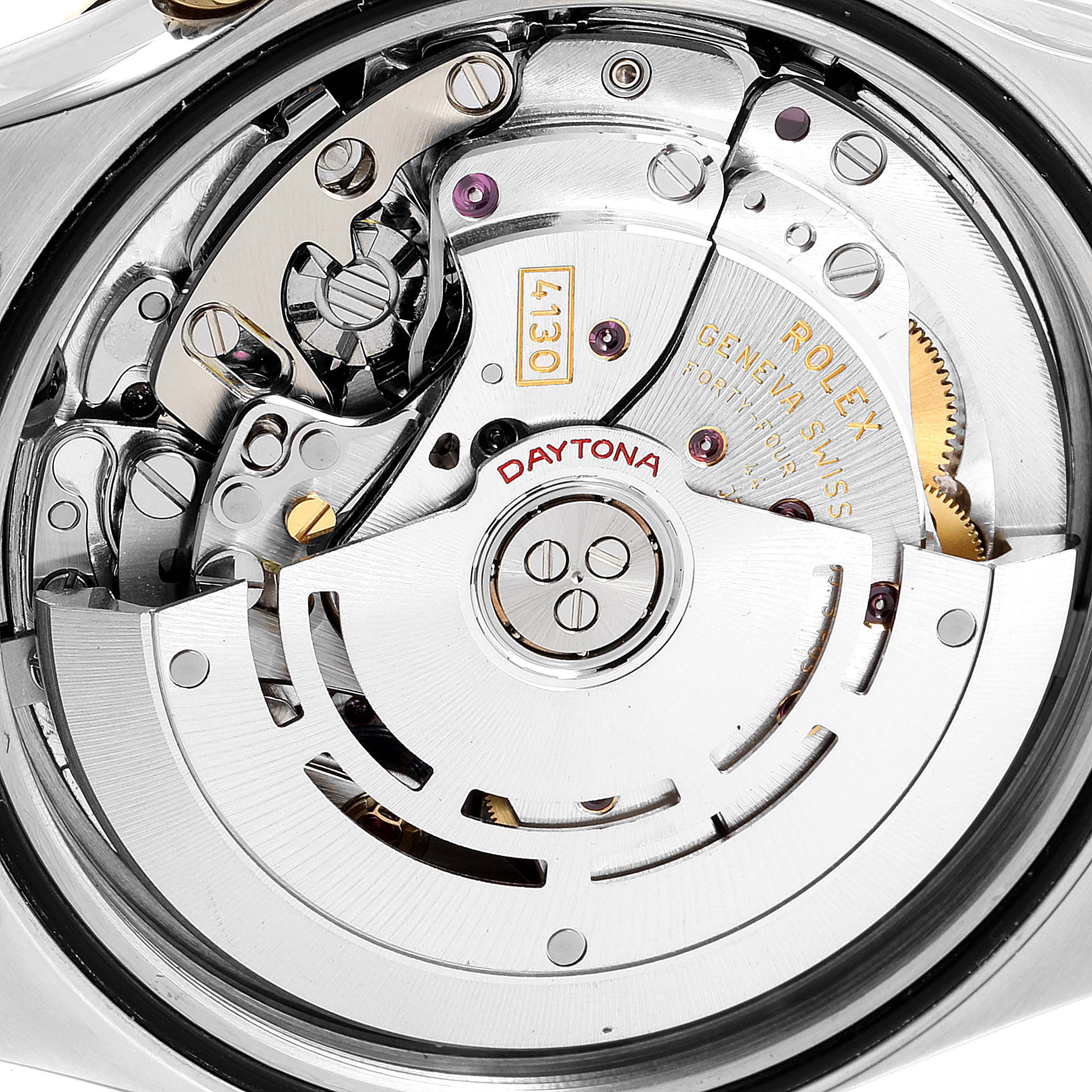 This image shows a close-up of the internal movement mechanism of a Rolex Daytona 116523 Men's Steel and Gold (two tone) Champagne Dial 116523 Men's Steel and Gold (two tone) Champagne Dial watch.