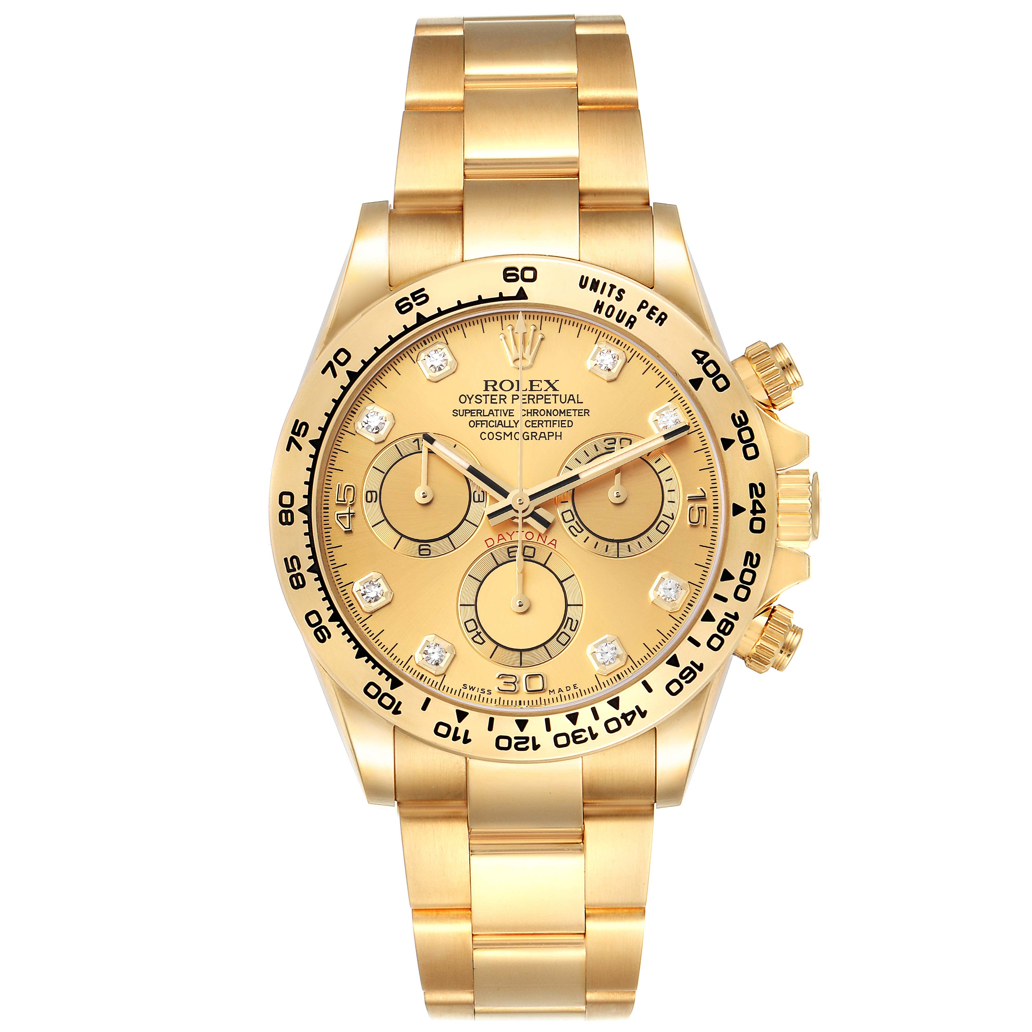 The image shows a full front view of a gold Rolex Daytona 116508 Men's Yellow Gold Champagne Dial 116508 Men's Yellow Gold Champagne Dial watch, highlighting its face, bezel, and bracelet.