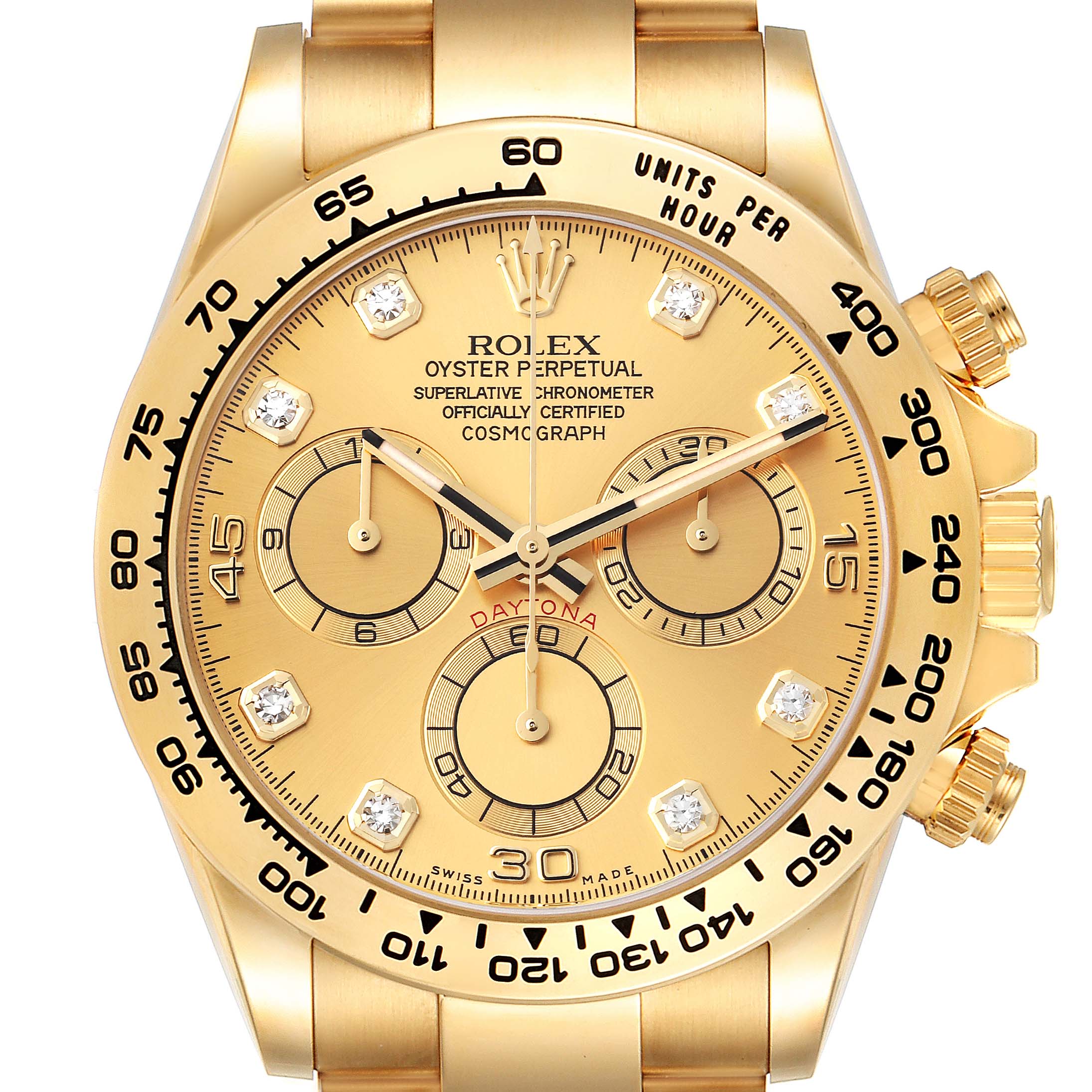 The image shows a close-up, frontal view of the Rolex Daytona 116508 Men's Yellow Gold Champagne Dial 116508 Men's Yellow Gold Champagne Dial watch, highlighting the dial, bezel, and part of the bracelet.