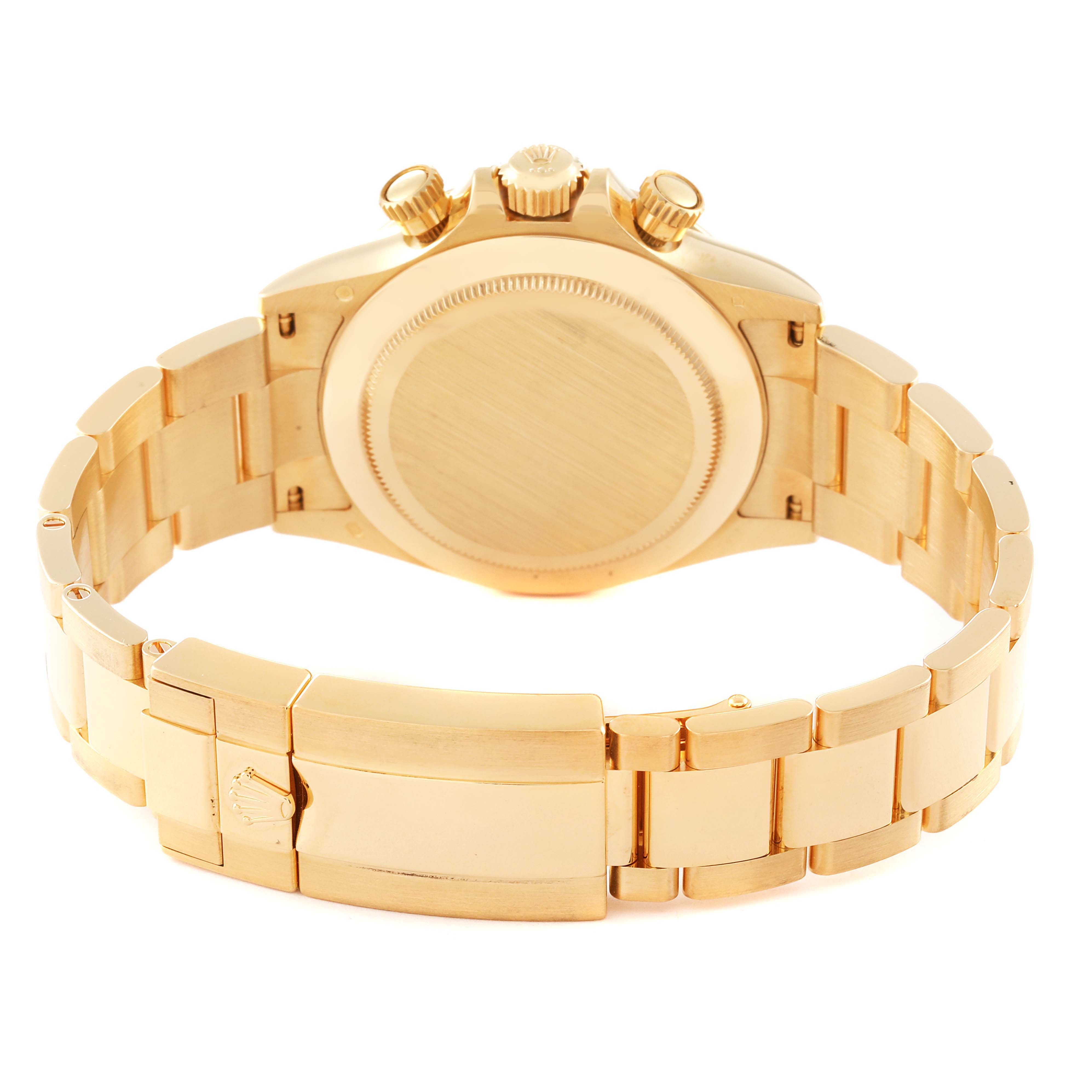 This image shows the back view of a Rolex Daytona 116508 Men's Yellow Gold Champagne Dial 116508 Men's Yellow Gold Champagne Dial watch, highlighting its gold bracelet and clasp.