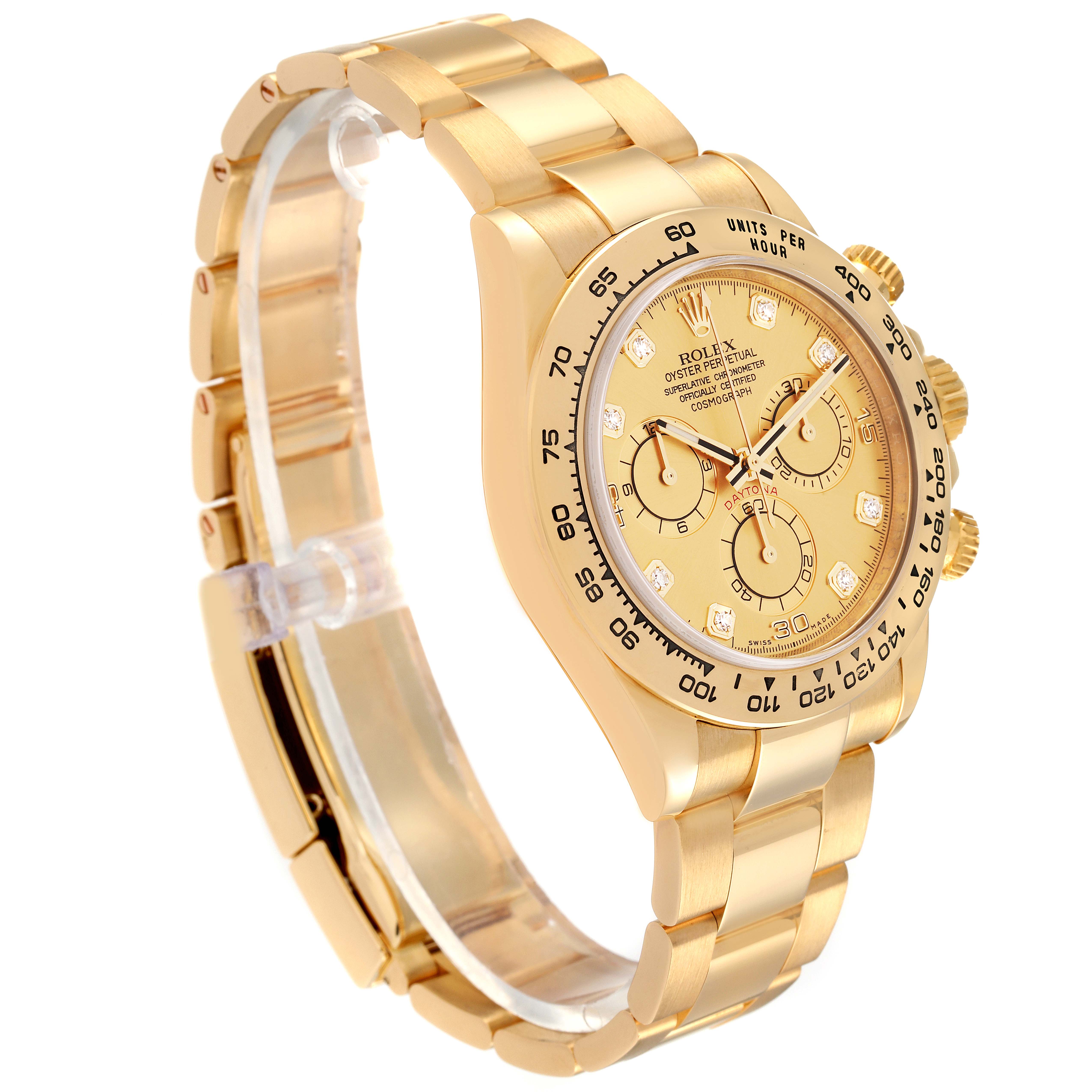 The Rolex Daytona 116508 Men's Yellow Gold Champagne Dial 116508 Men's Yellow Gold Champagne Dial watch is shown at an angle displaying the side profile and detailed view of the face and bracelet.