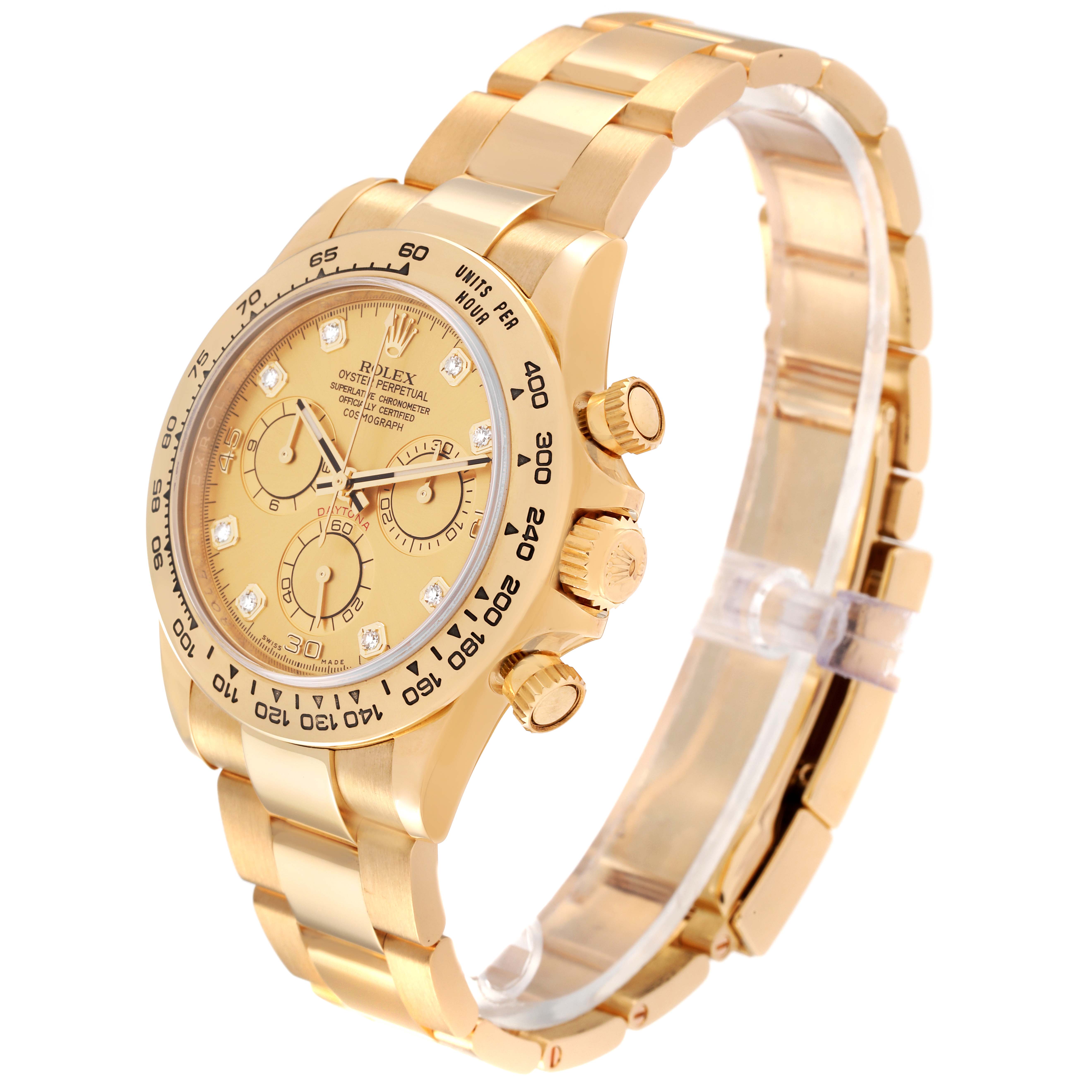 The Rolex Daytona 116508 Men's Yellow Gold Champagne Dial 116508 Men's Yellow Gold Champagne Dial watch is shown at a slight angle, displaying the face, crown, pushers, and bracelet.