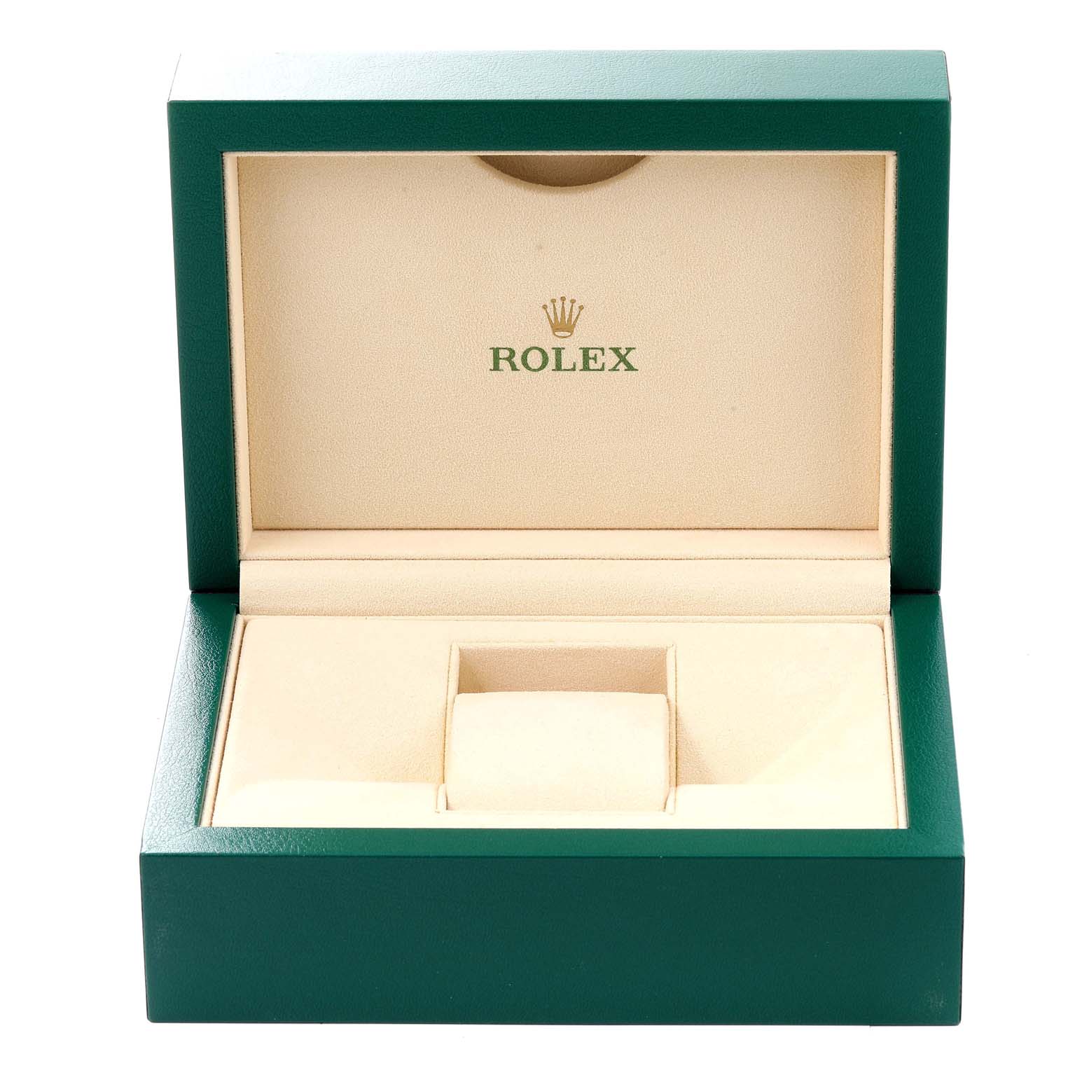 The image shows an open green Rolex watch box, with the interior for the Rolex Daytona 116508 Men's Yellow Gold Champagne Dial 116508 Men's Yellow Gold Champagne Dial model.