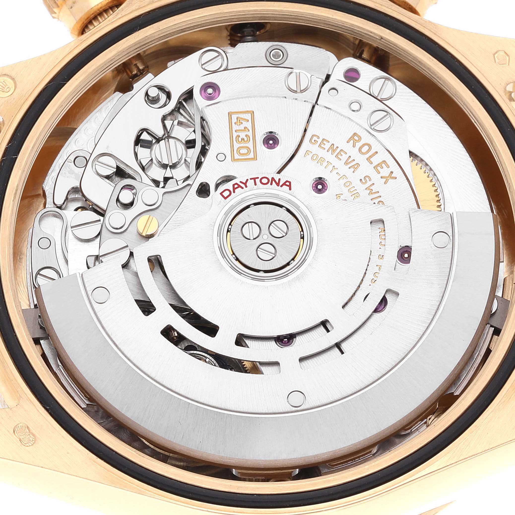 This image shows the movement mechanism of a Rolex Daytona 116508 Men's Yellow Gold Champagne Dial 116508 Men's Yellow Gold Champagne Dial watch from the rear angle.