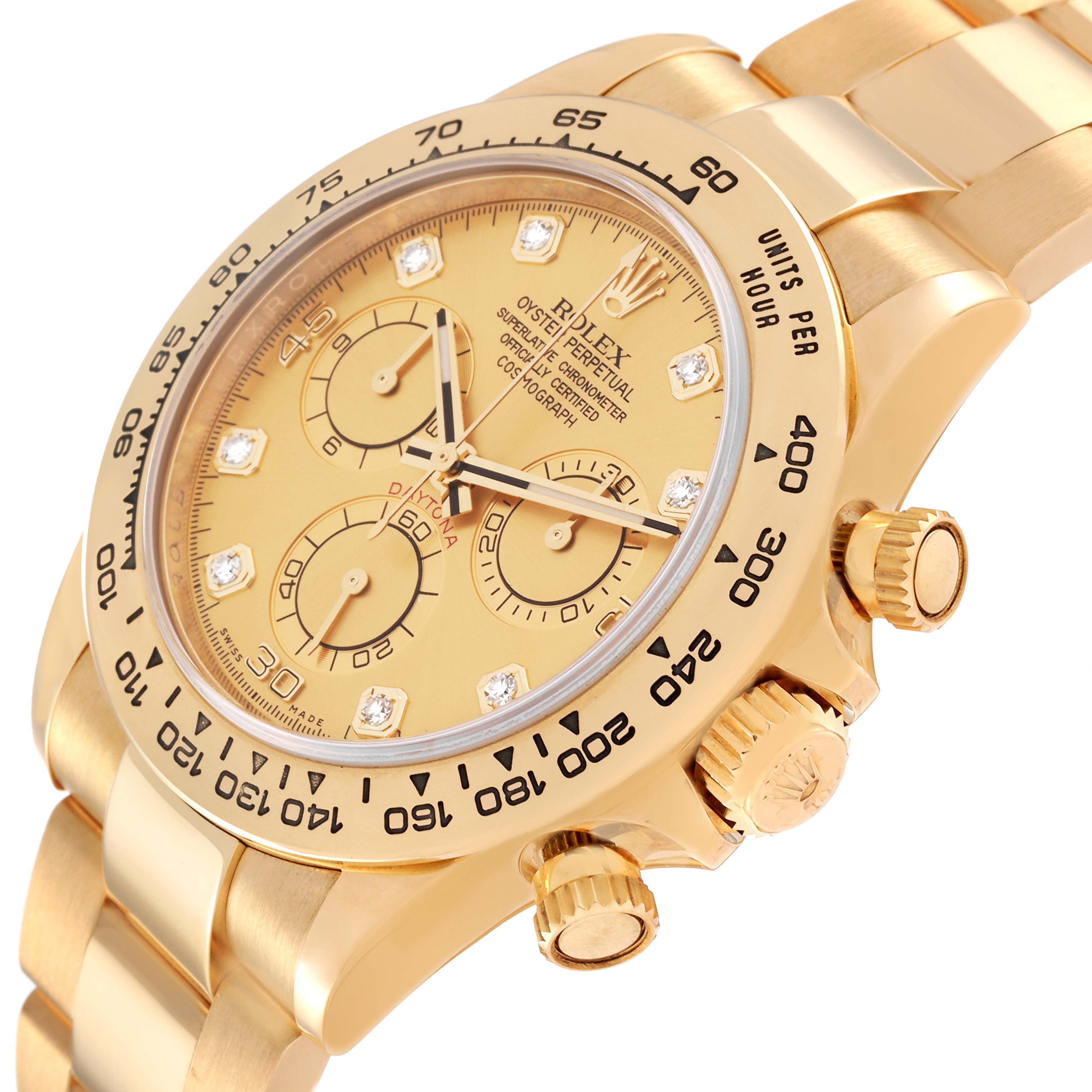 The image shows a close-up of the Rolex Daytona 116508 Men's Yellow Gold Champagne Dial 116508 Men's Yellow Gold Champagne Dial watch's dial, bezel, and part of the bracelet at an angle.