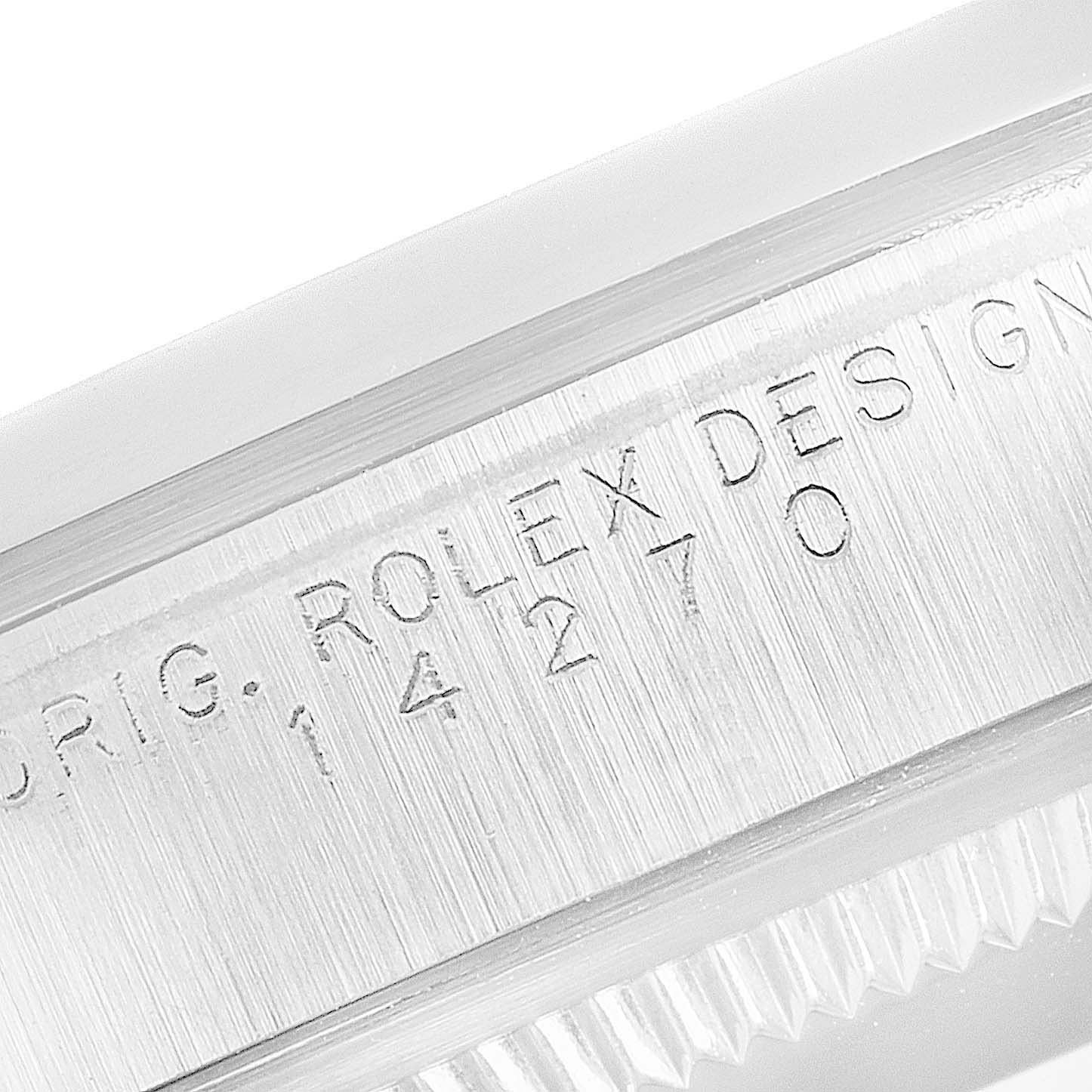 This close-up image shows the engraved model number and branding on the case of a Rolex Explorer 14270 Men's Stainless Steel Black Dial 14270 Men's Stainless Steel Black Dial watch.