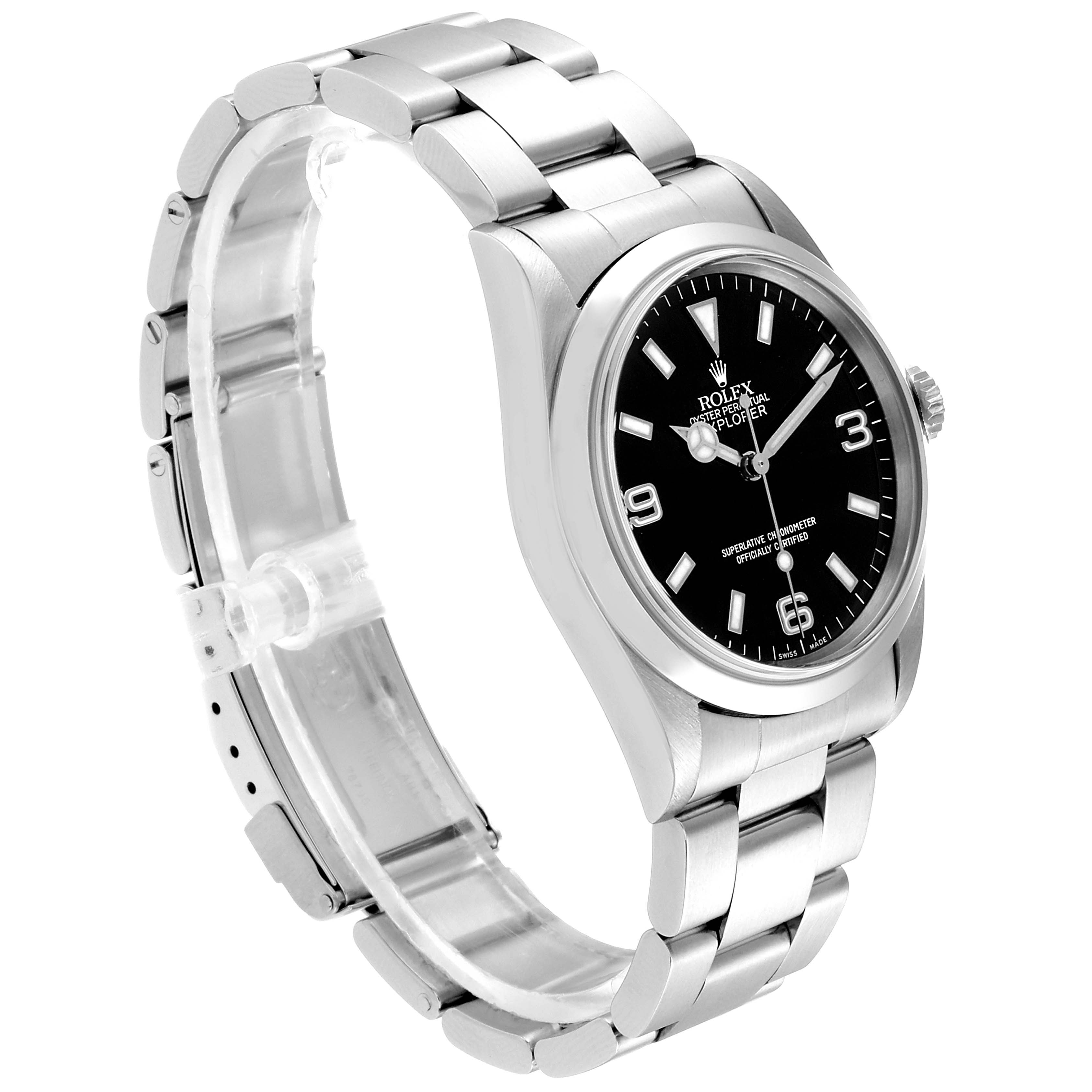 The image shows a side view of a Rolex Explorer 14270 Men's Stainless Steel Black Dial 14270 Men's Stainless Steel Black Dial watch, highlighting the bracelet, case, and dial.