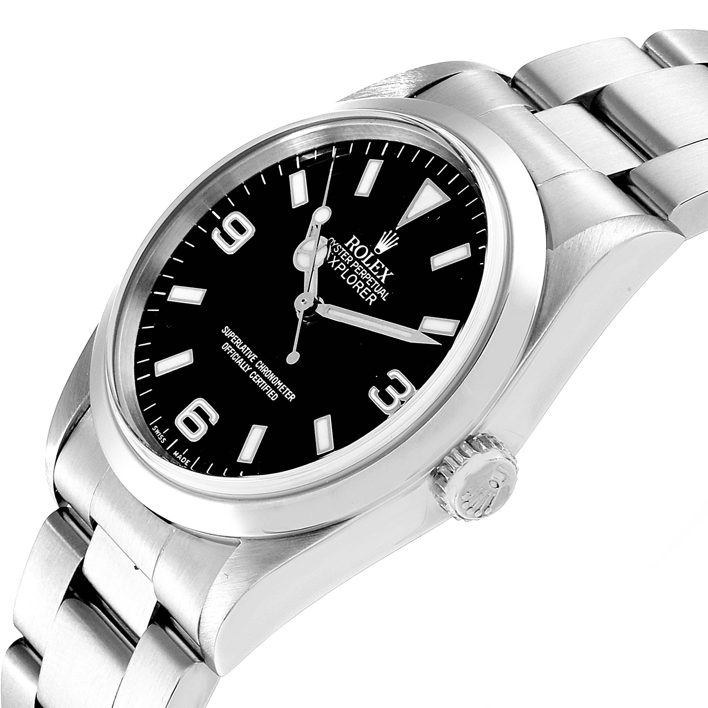 The Rolex Explorer 14270 Men's Stainless Steel Black Dial 14270 Men's Stainless Steel Black Dial watch is shown from an angled side profile, displaying the dial, crown, and part of the bracelet.