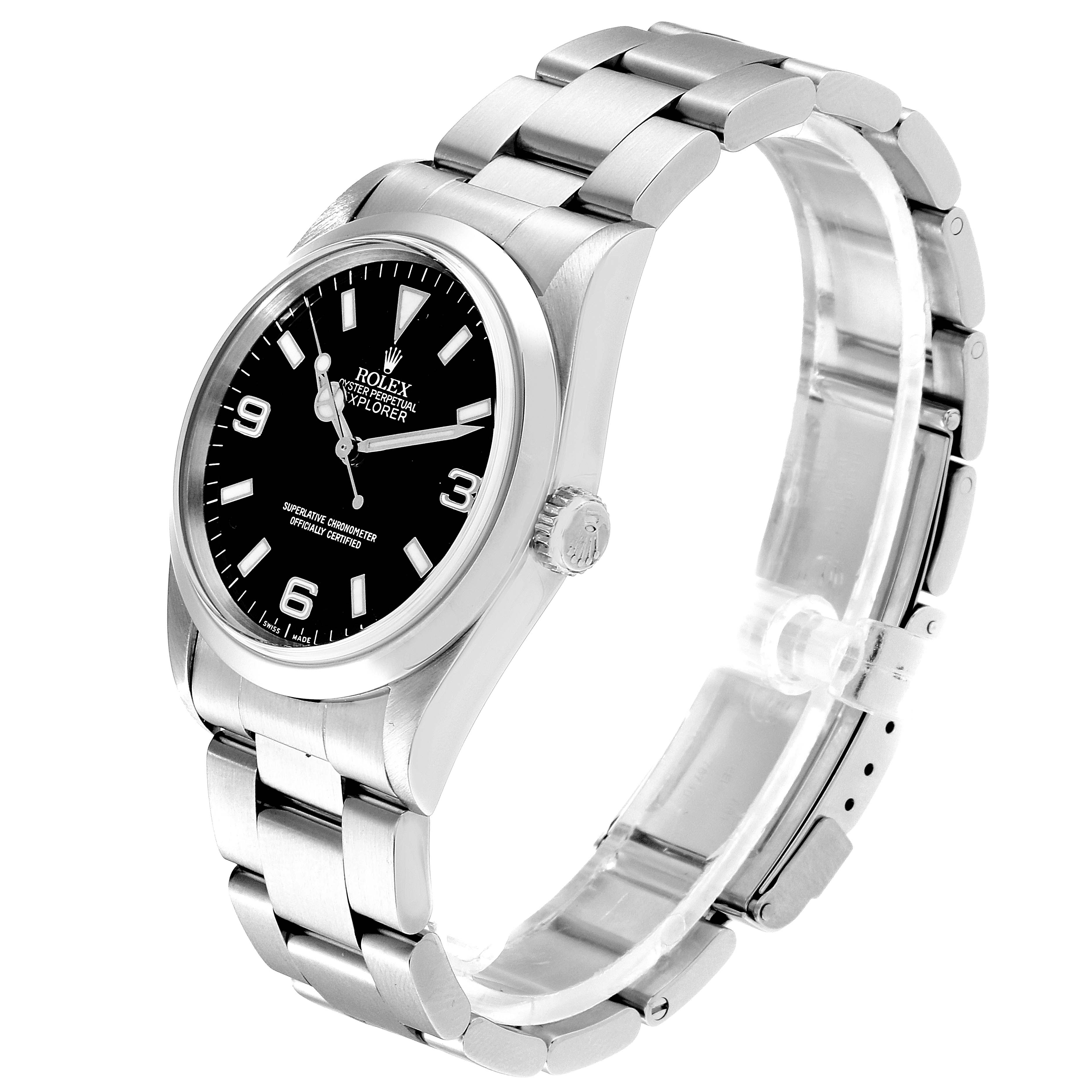 The image shows a Rolex Explorer 14270 Men's Stainless Steel Black Dial 14270 Men's Stainless Steel Black Dial watch angled slightly to show the face, bezel, crown, and bracelet.
