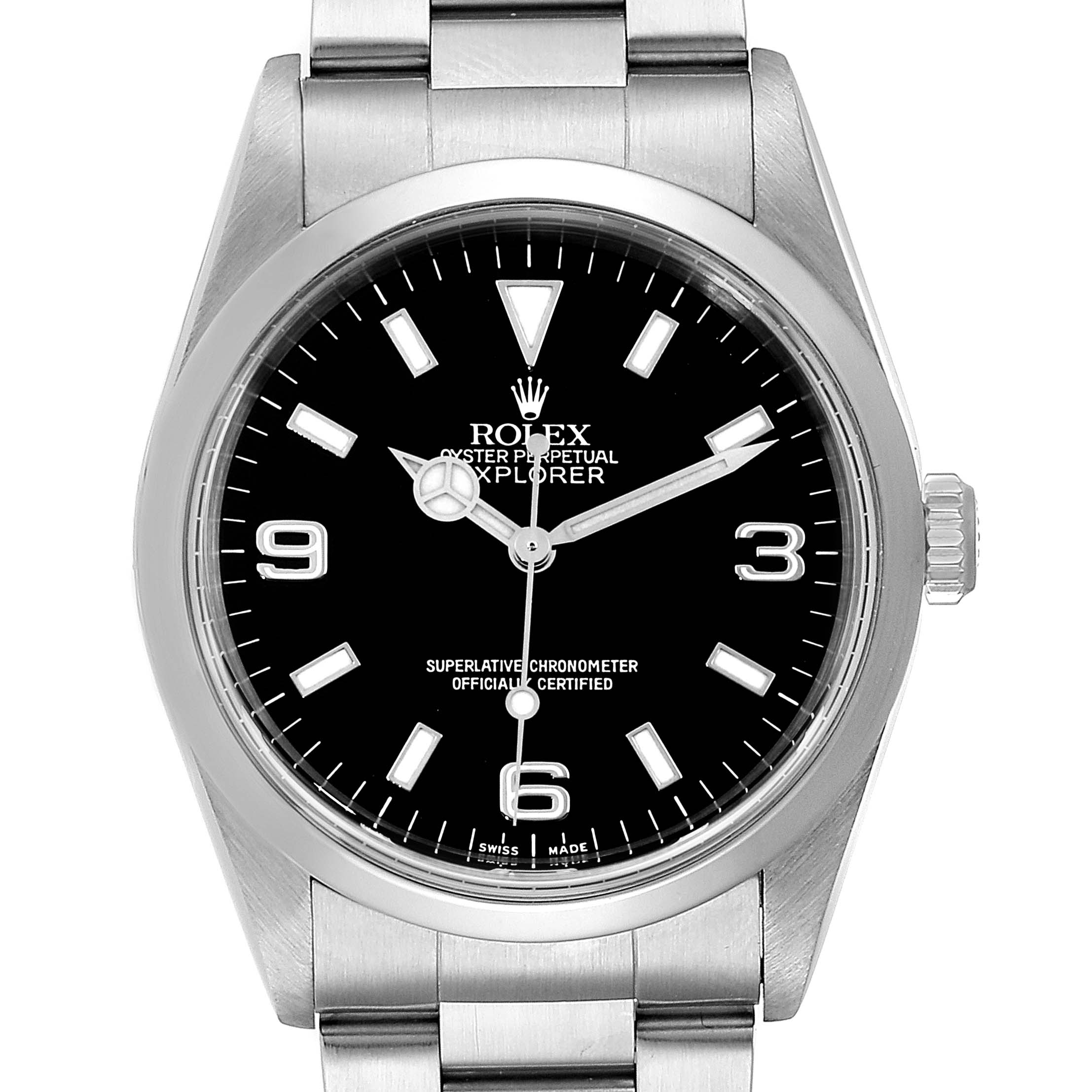 The image shows a front view of the Rolex Explorer 14270 Men's Stainless Steel Black Dial 14270 Men's Stainless Steel Black Dial model watch, highlighting the dial, bezel, and part of the bracelet.