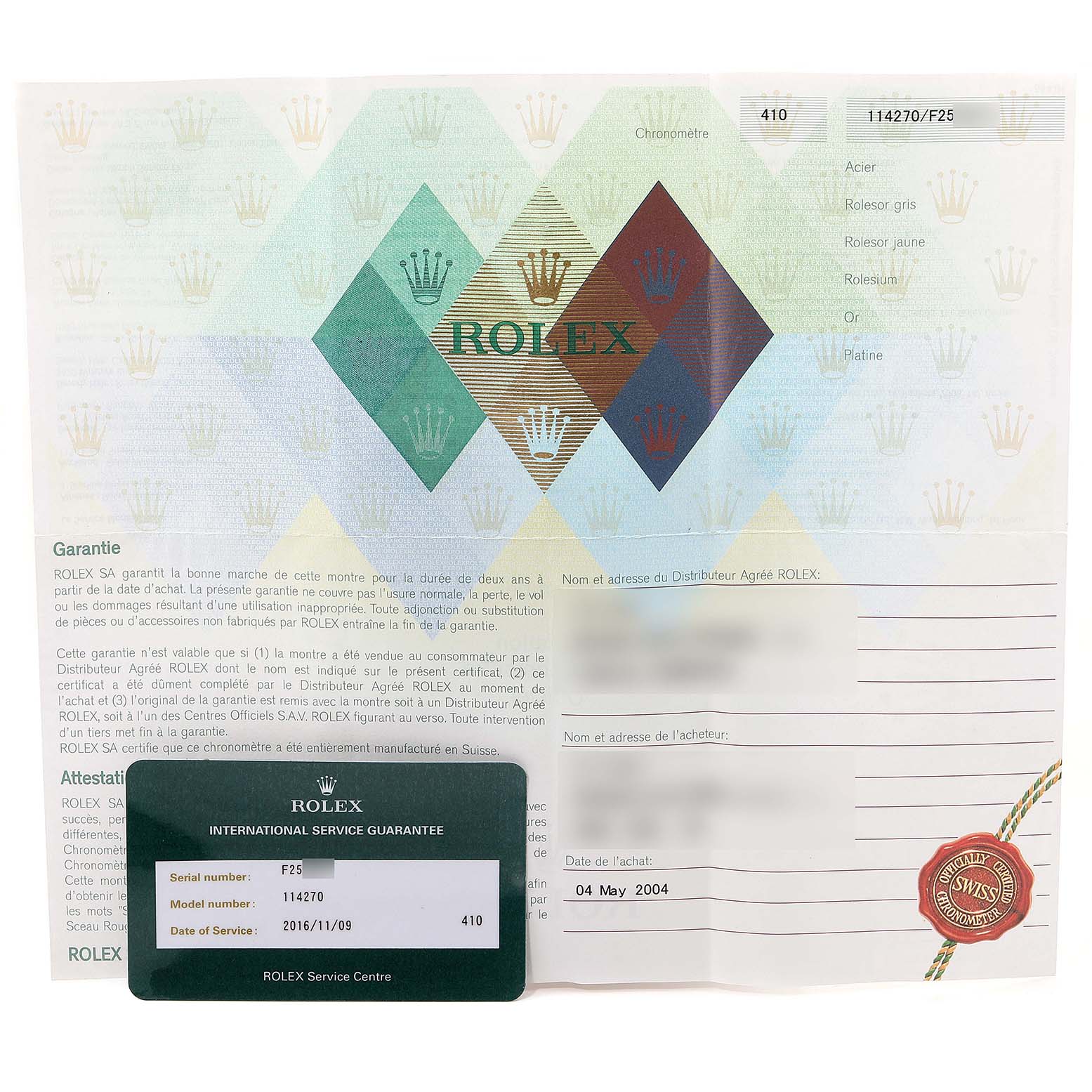 The image shows the guarantee paperwork and international service guarantee card for a Rolex Explorer 114270 Men
s Stainless Steel Black Dial 114270 Men
s Stainless Steel Black Dial model watch.