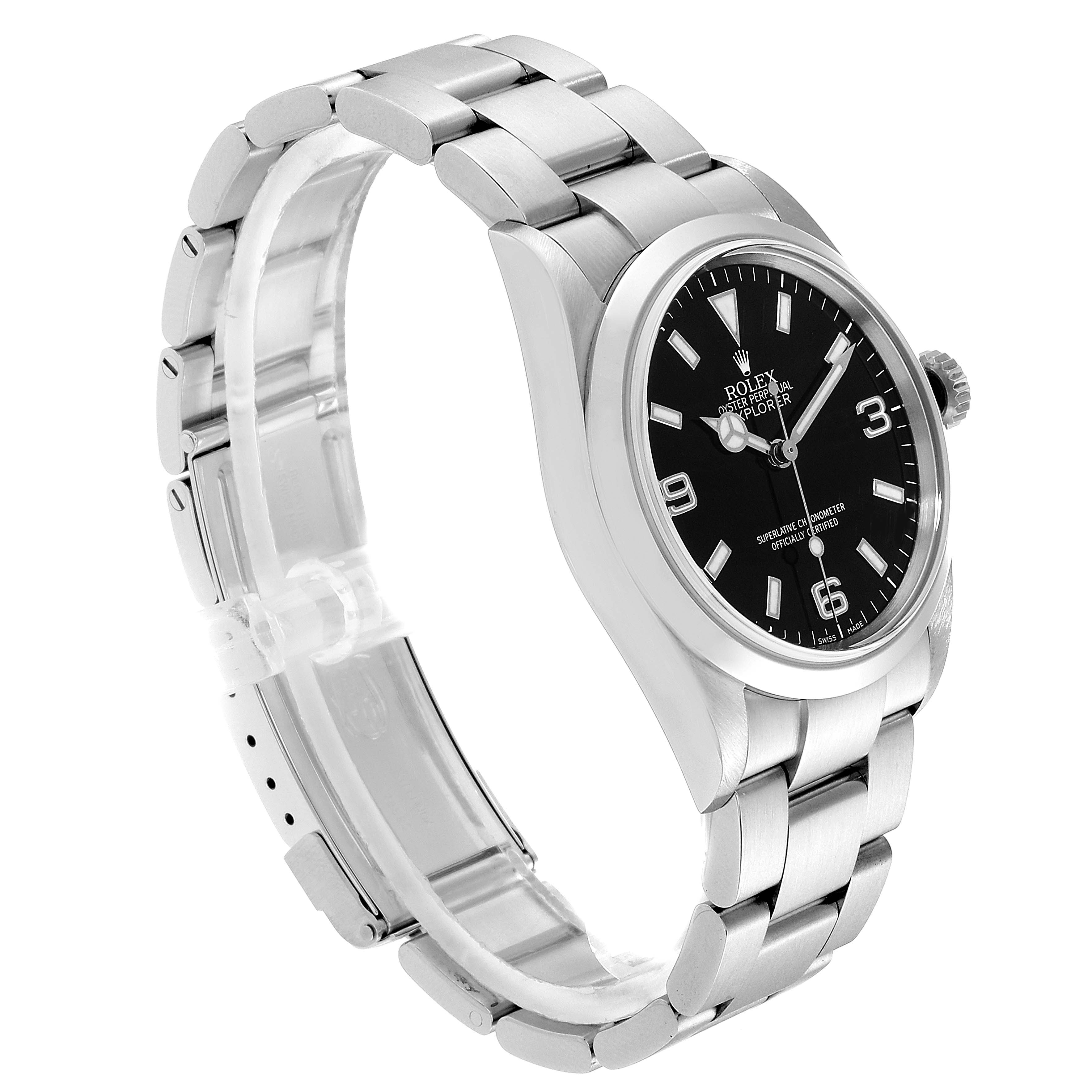 The image shows a side angle of a Rolex Explorer 114270 Men
s Stainless Steel Black Dial 114270 Men
s Stainless Steel Black Dial watch, displaying the bracelet, case, and black dial.