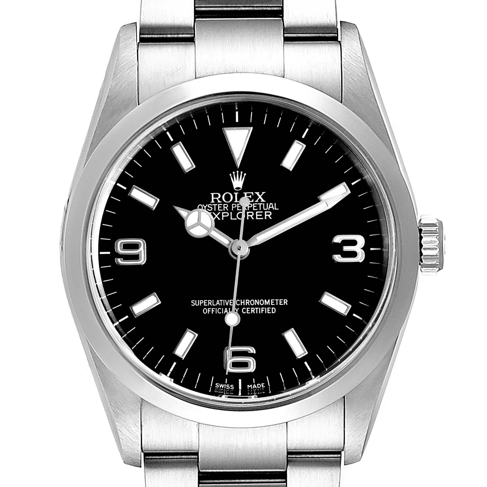 The image shows a front view of a Rolex Explorer 114270 Men
s Stainless Steel Black Dial 114270 Men
s Stainless Steel Black Dial watch, including the watch face, bezel, and part of the bracelet.