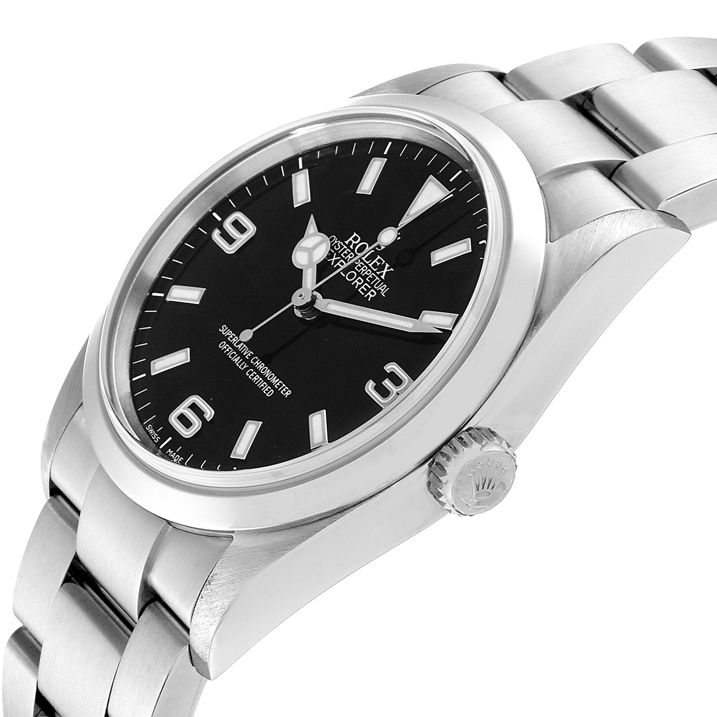 This image shows a side angle of the Rolex Explorer 114270 Men
s Stainless Steel Black Dial 114270 Men
s Stainless Steel Black Dial watch, highlighting its face, bezel, crown, and bracelet.