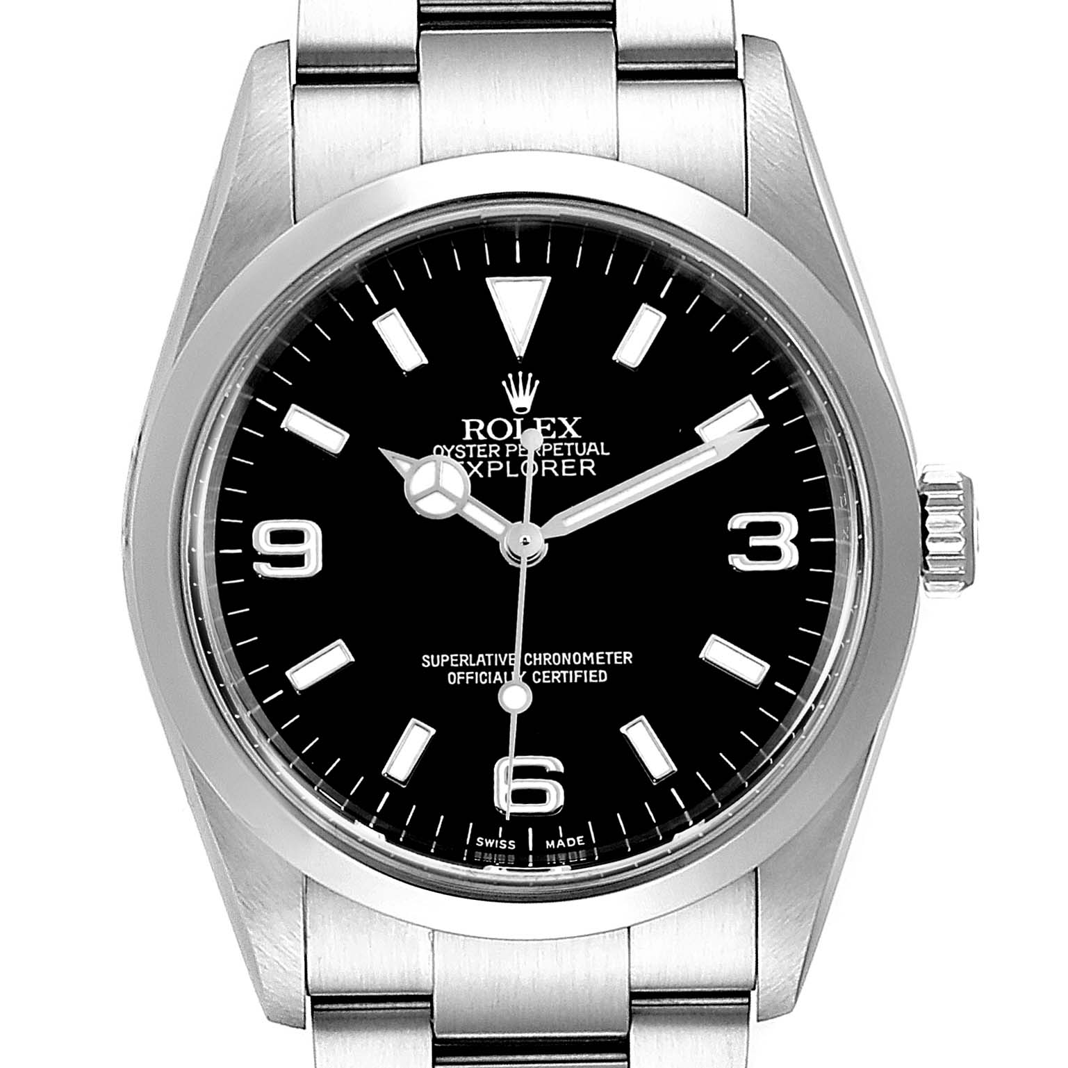 The image shows a front view of the Rolex Explorer 14270 Men
s Stainless Steel Black Dial 14270 Men
s Stainless Steel Black Dial watch, displaying its dial, hands, numerals, and part of the bracelet.