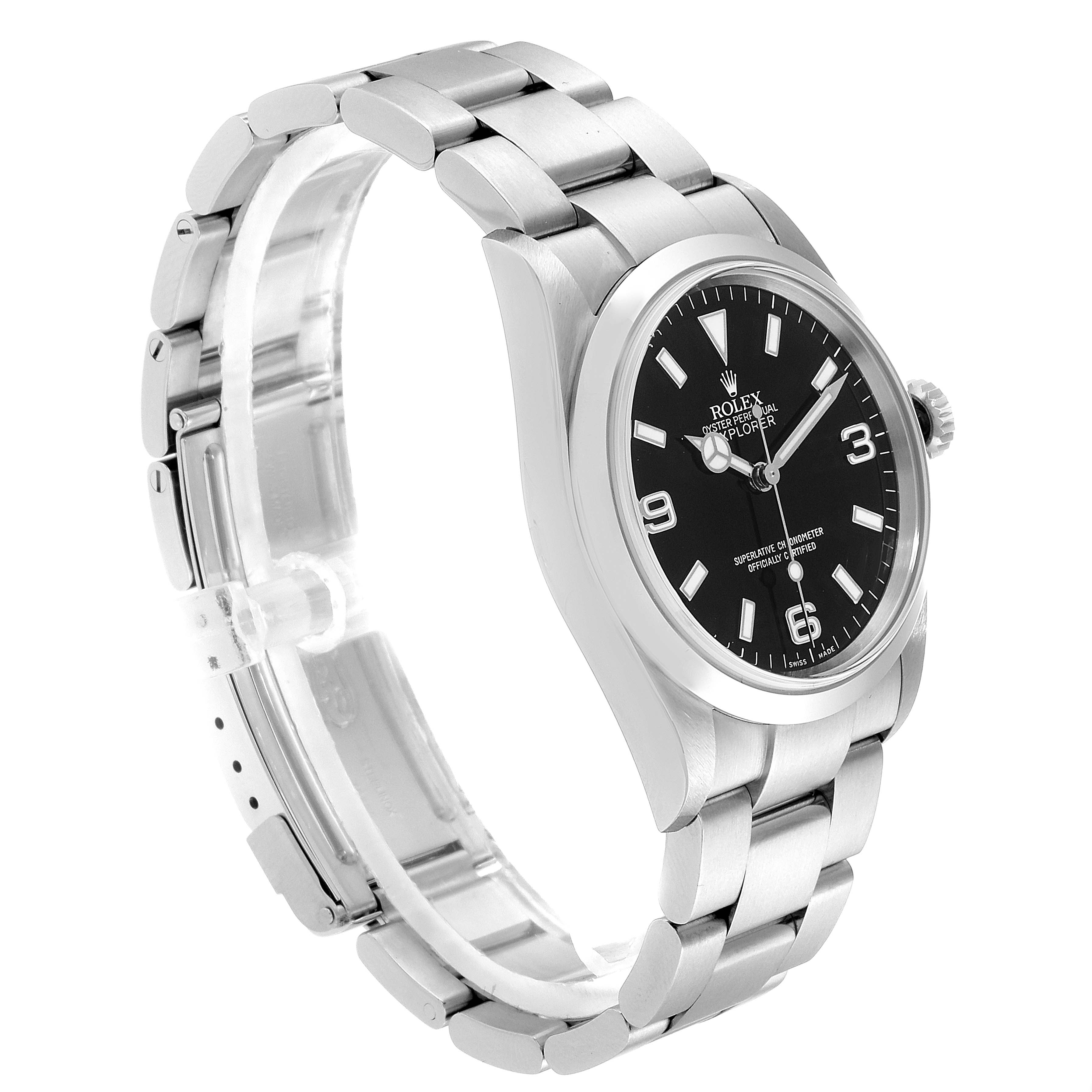 This image shows a side angle view of the Rolex Explorer 14270 Men
s Stainless Steel Black Dial 14270 Men
s Stainless Steel Black Dial watch, displaying the face, the crown, and the metal bracelet.