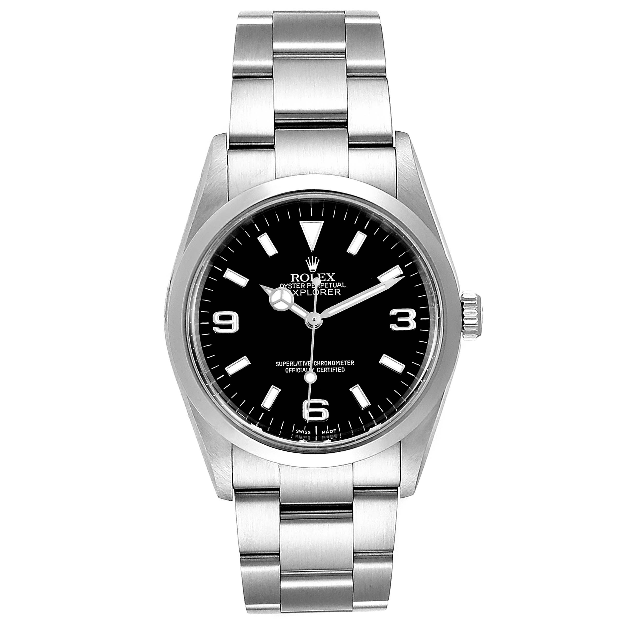 The image shows a front view of the Rolex Explorer 14270 Men
s Stainless Steel Black Dial 14270 Men
s Stainless Steel Black Dial watch, displaying its dial, hands, and bracelet.