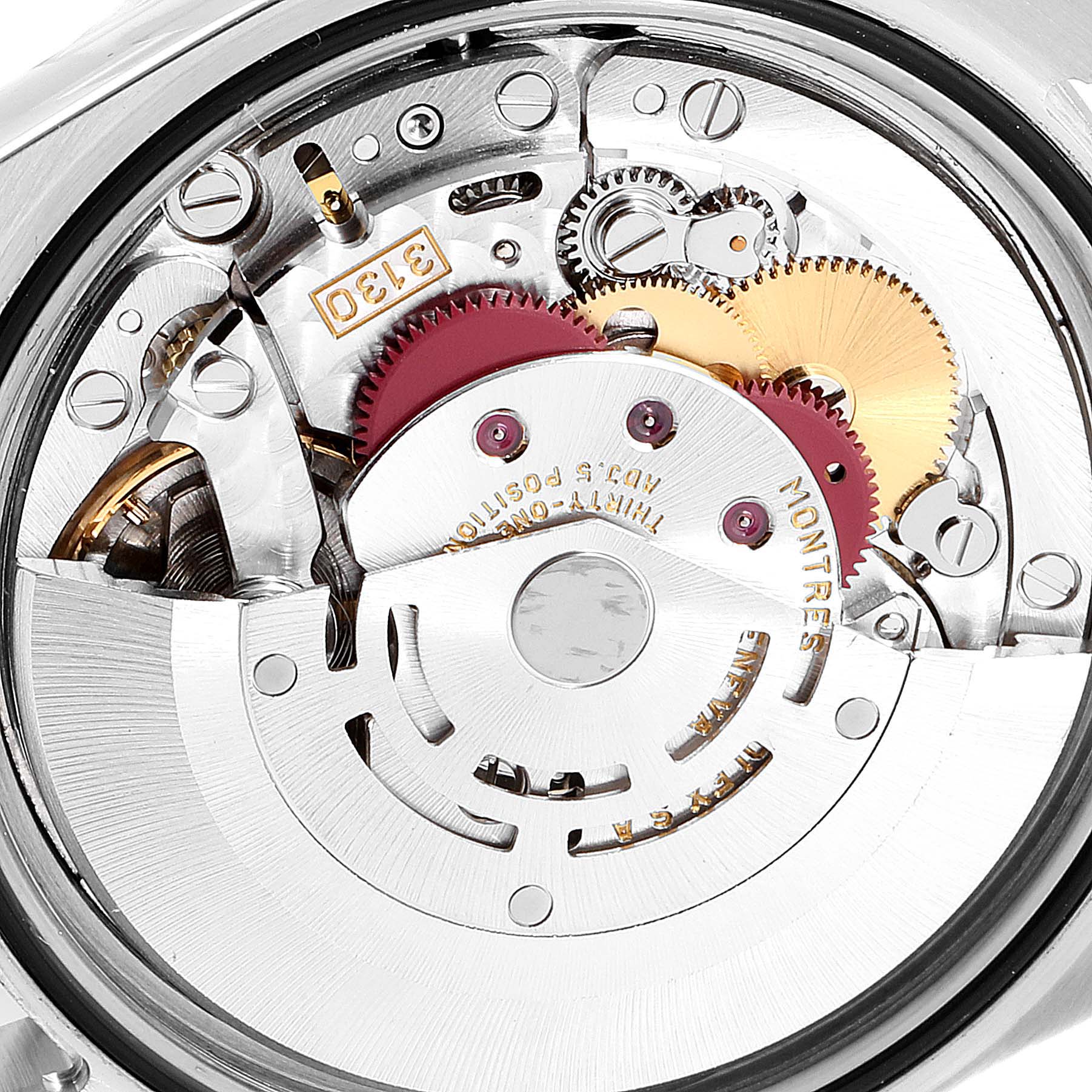 This image shows the intricate internal mechanism of the Rolex Explorer 14270 Men
s Stainless Steel Black Dial 14270 Men
s Stainless Steel Black Dial model watch from a top-down angle.