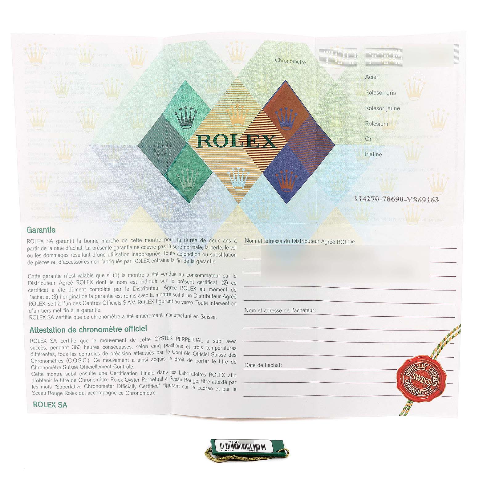 The image shows the warranty card and hang tag for a Rolex Explorer 14270 Men
s Stainless Steel Black Dial 14270 Men
s Stainless Steel Black Dial model watch.