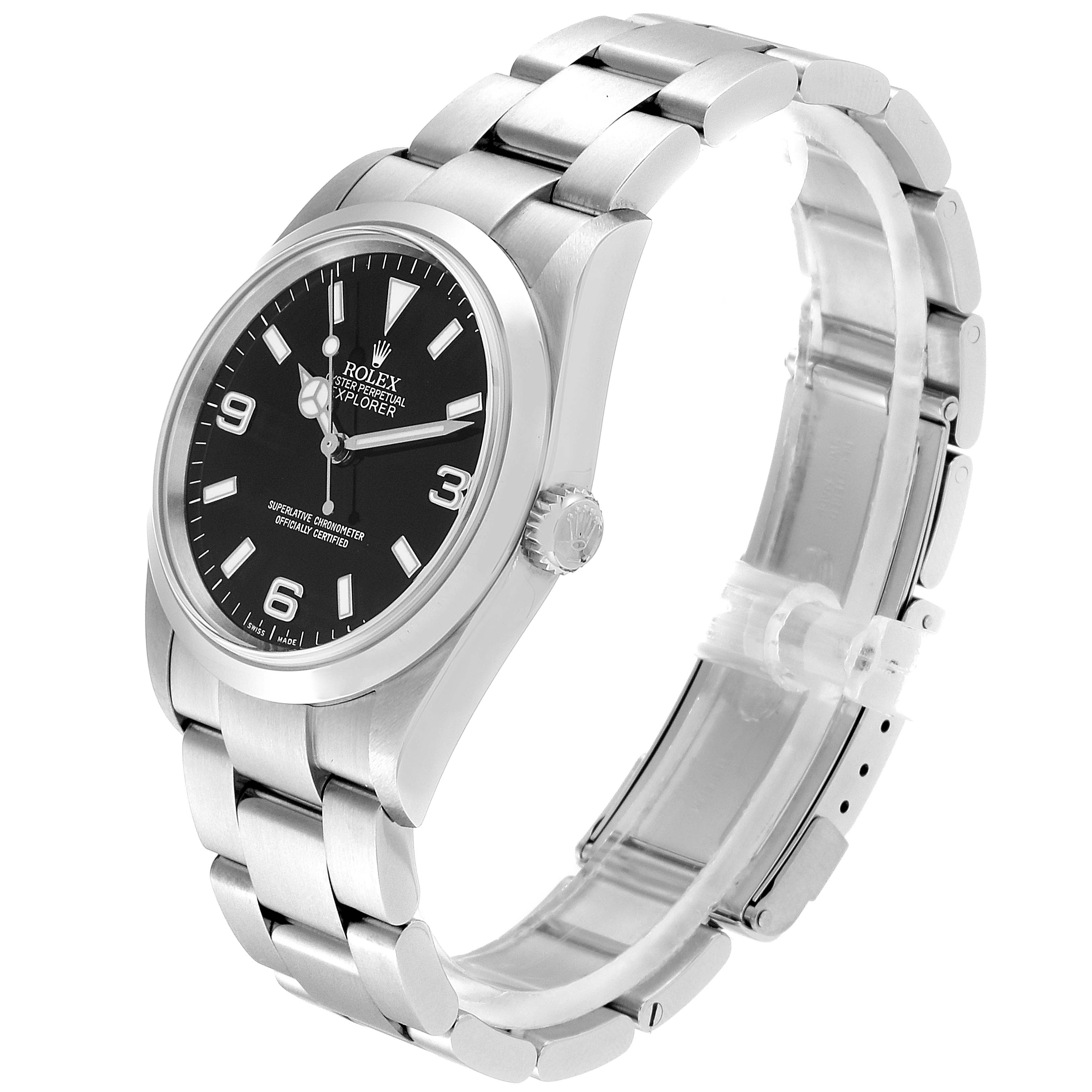 This image shows a side angle of the Rolex Explorer 14270 Men
s Stainless Steel Black Dial 14270 Men
s Stainless Steel Black Dial watch, highlighting its black dial, bezel, crown, and stainless steel bracelet.