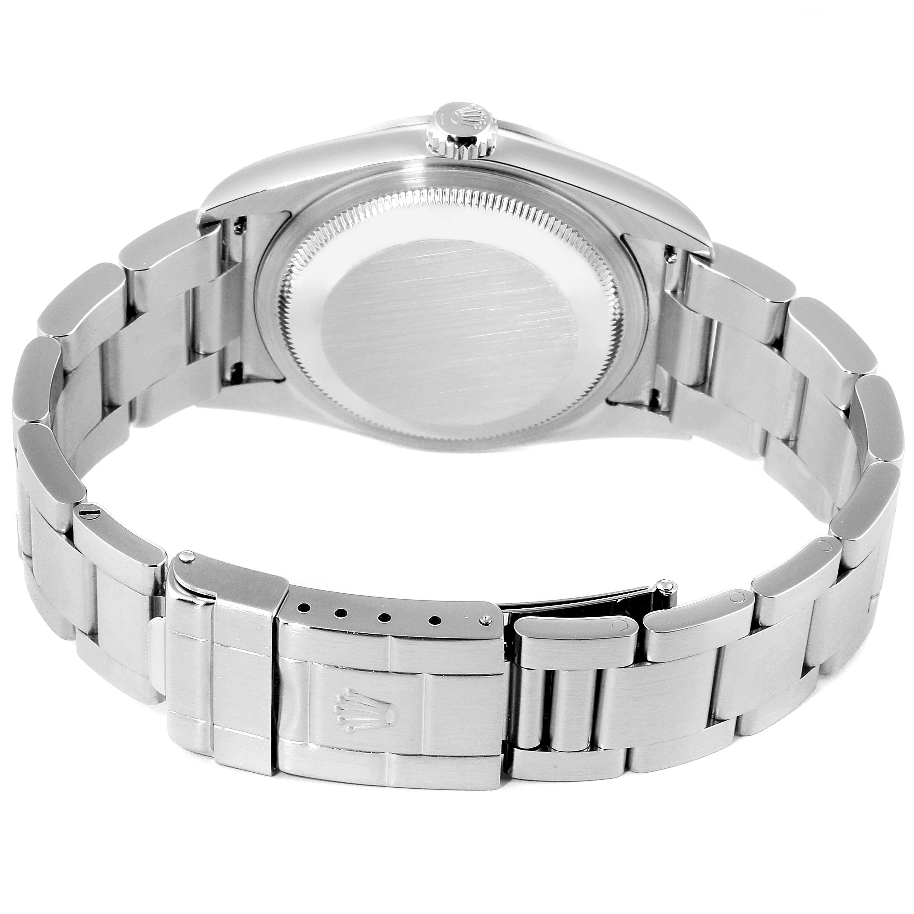 The image shows the back view of the Rolex Explorer 14270 Men
s Stainless Steel Black Dial 14270 Men
s Stainless Steel Black Dial watch, highlighting the case back, bracelet, and clasp.