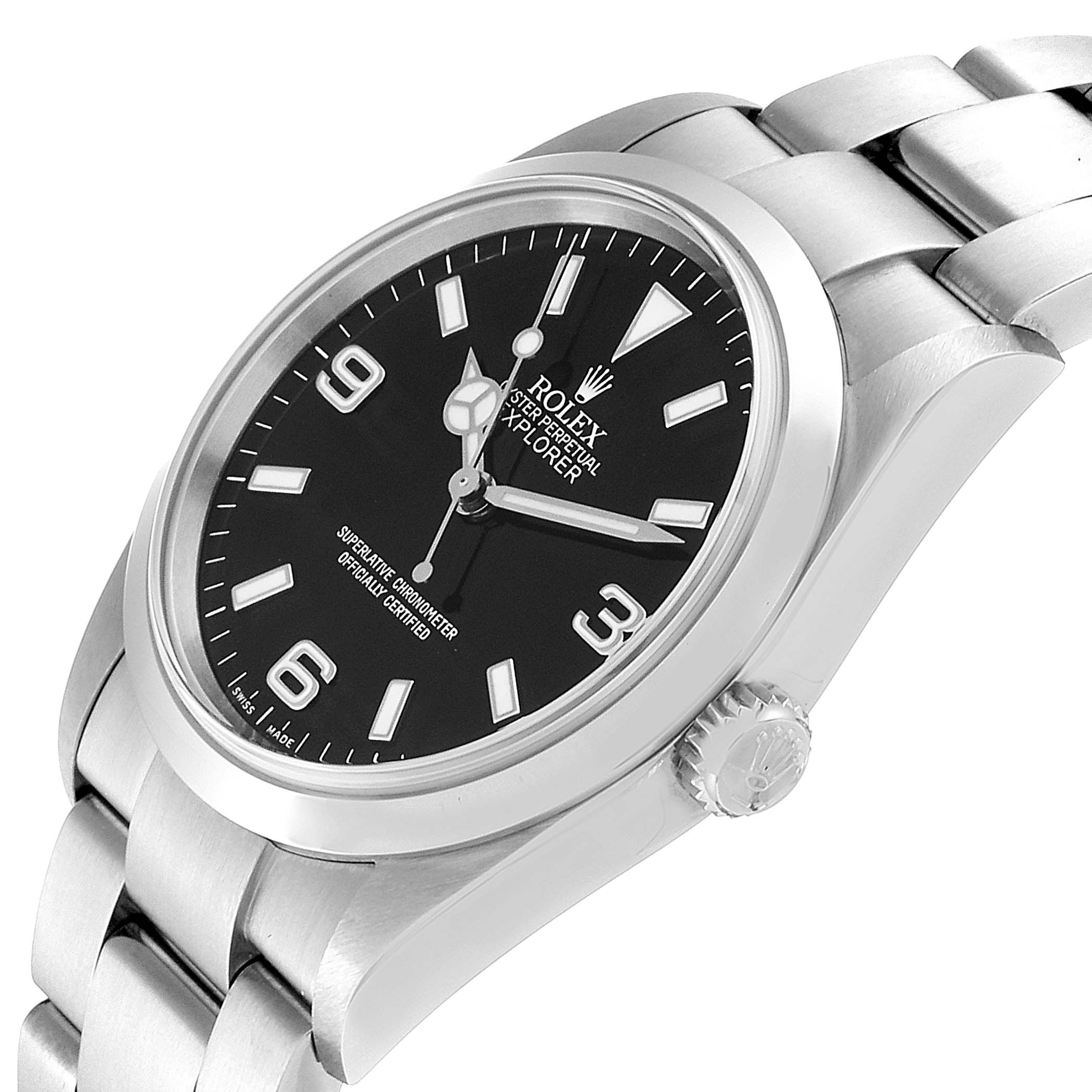 The image shows a Rolex Explorer 14270 Men
s Stainless Steel Black Dial 14270 Men
s Stainless Steel Black Dial watch at an angle highlighting its black dial, crown, and part of its stainless steel bracelet.
