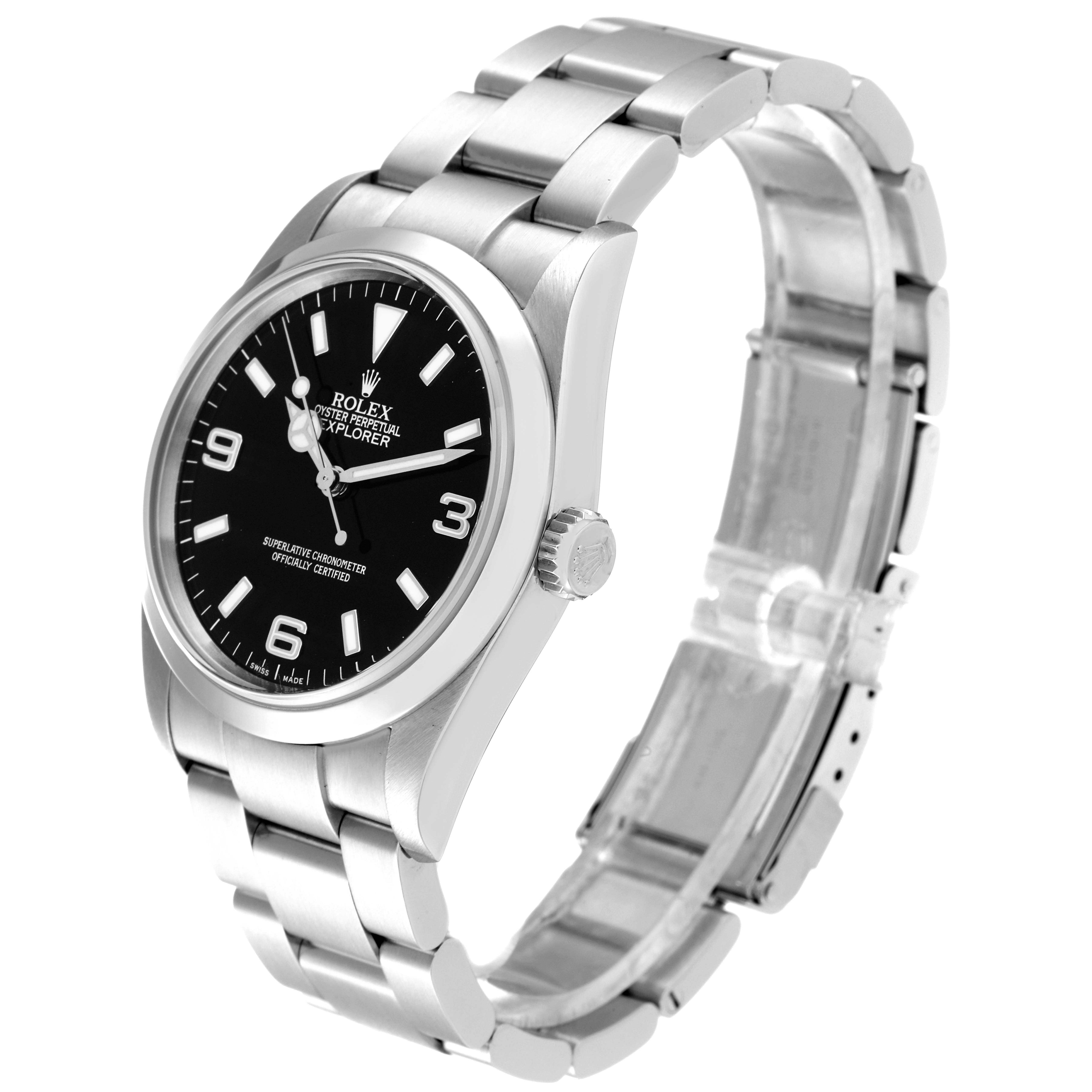 The Rolex Explorer 114270 Men's Stainless Steel Black Dial 114270 Men's Stainless Steel Black Dial watch is shown at a three-quarters angle, highlighting the black dial, bezel, bracelet, and crown.