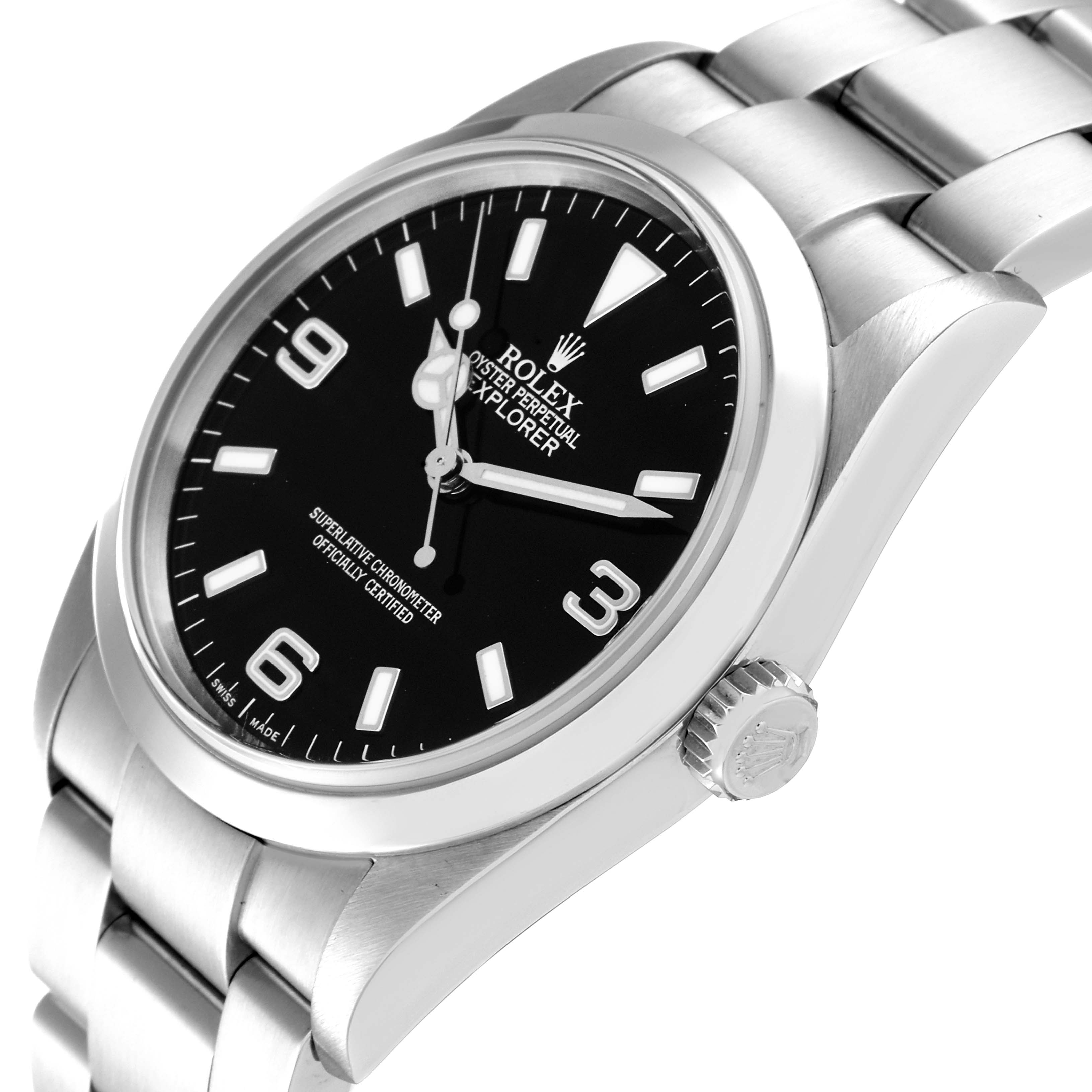 The image shows a Rolex Explorer 114270 Men's Stainless Steel Black Dial 114270 Men's Stainless Steel Black Dial watch from an angled side view, highlighting the crown, bracelet, and black dial.