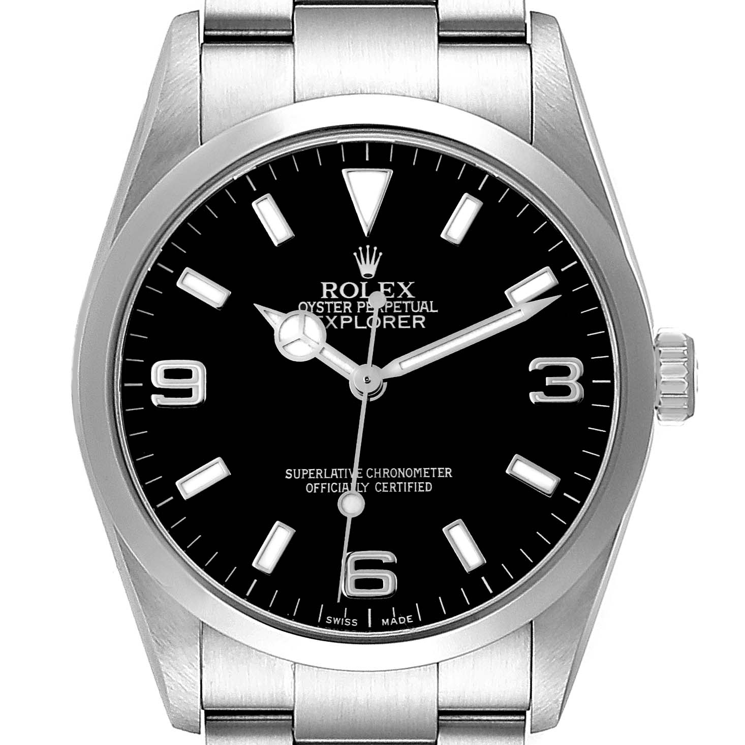 The image shows a front view of a Rolex Explorer 114270 Men's Stainless Steel Black Dial 114270 Men's Stainless Steel Black Dial watch, highlighting the black dial, hour markers, hands, and part of the stainless steel bracelet.