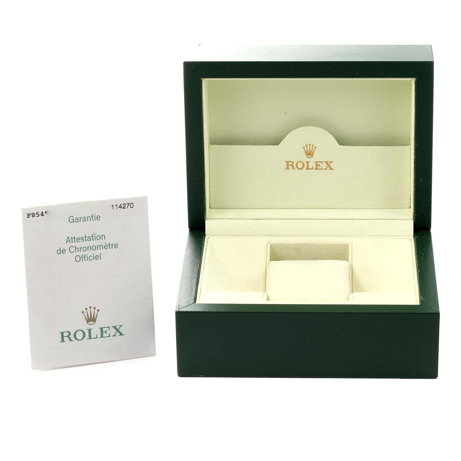 The image shows an empty Rolex Explorer 114270 Men's Stainless Steel Black Dial 114270 Men's Stainless Steel Black Dial watch box and a warranty booklet positioned next to it.