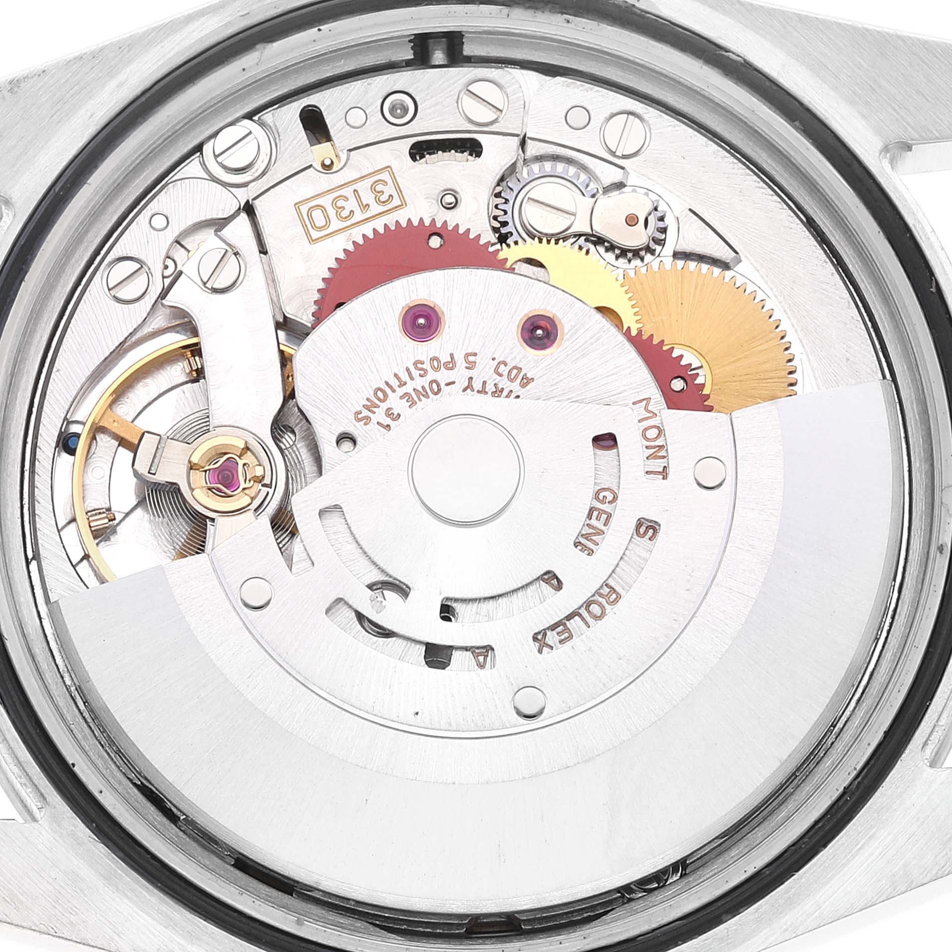 This image shows the internal mechanism of a Rolex Explorer 114270 Men's Stainless Steel Black Dial 114270 Men's Stainless Steel Black Dial watch from a top-down view.