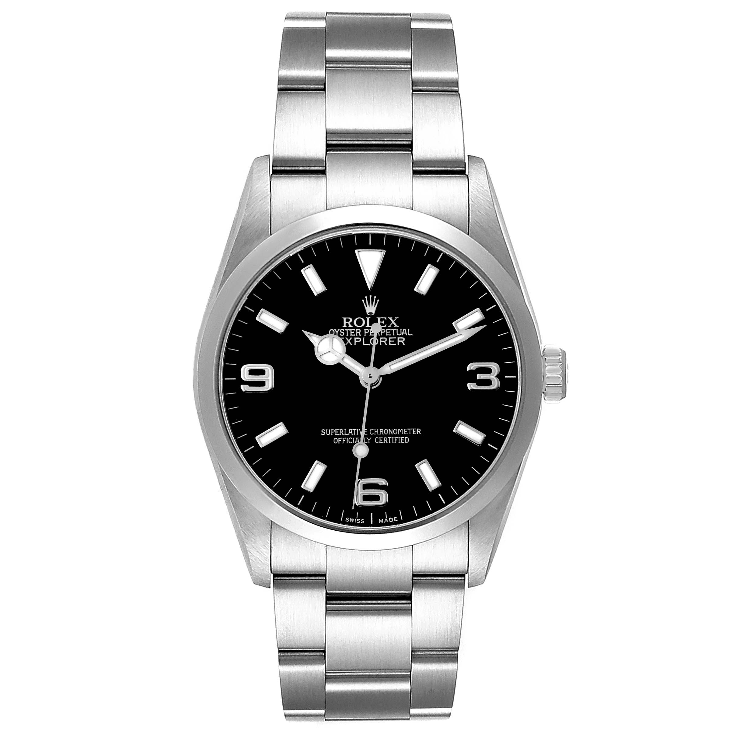 The image shows a front view of a Rolex Explorer 114270 Men's Stainless Steel Black Dial 114270 Men's Stainless Steel Black Dial watch, displaying its black dial, hour markers, and metal bracelet.