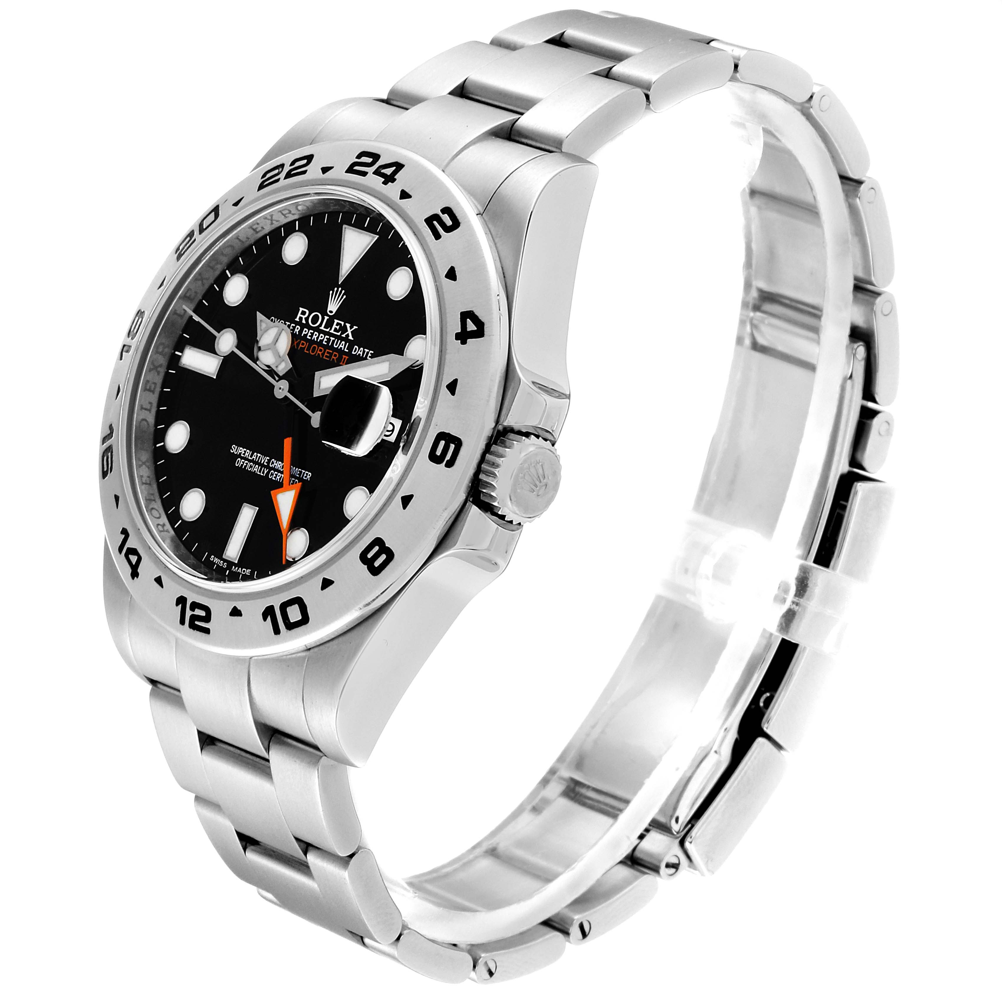 This image shows a side angle view of the Rolex Explorer 216570 Men's Stainless Steel Black Dial 216570 Men's Stainless Steel Black Dial watch, highlighting the bezel, dial, bracelet, and crown.