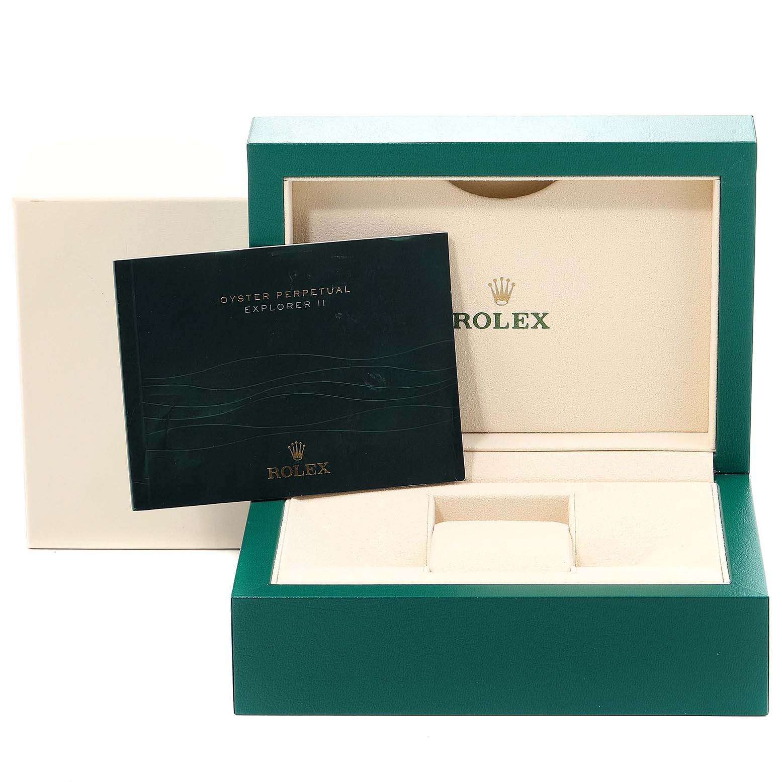 The image shows the packaging box and instruction booklet for a Rolex Explorer 216570 Men's Stainless Steel Black Dial 216570 Men's Stainless Steel Black Dial model watch.