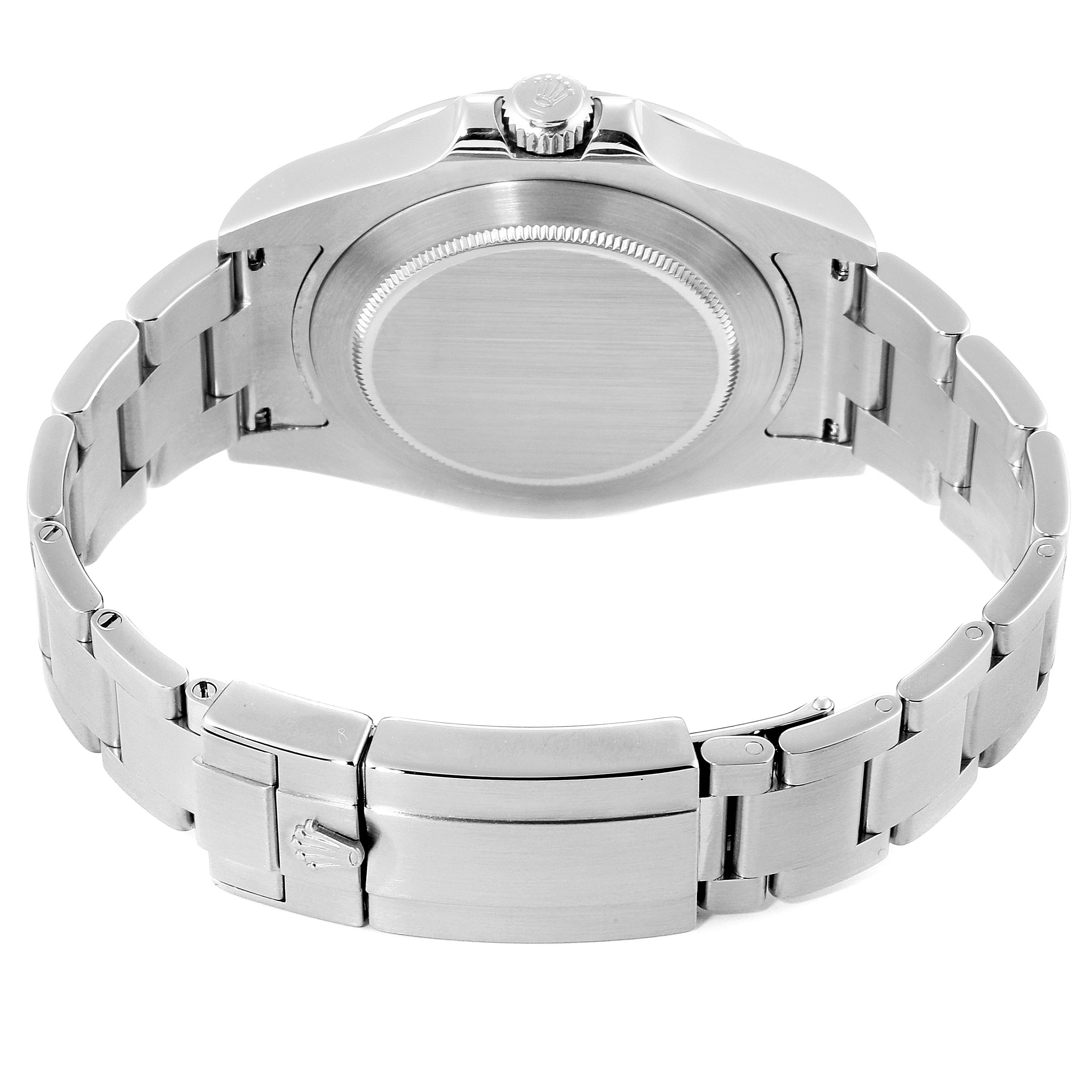 This image shows the back view of the Rolex Explorer 216570 Men's Stainless Steel Black Dial 216570 Men's Stainless Steel Black Dial model, highlighting its caseback, crown, and bracelet.