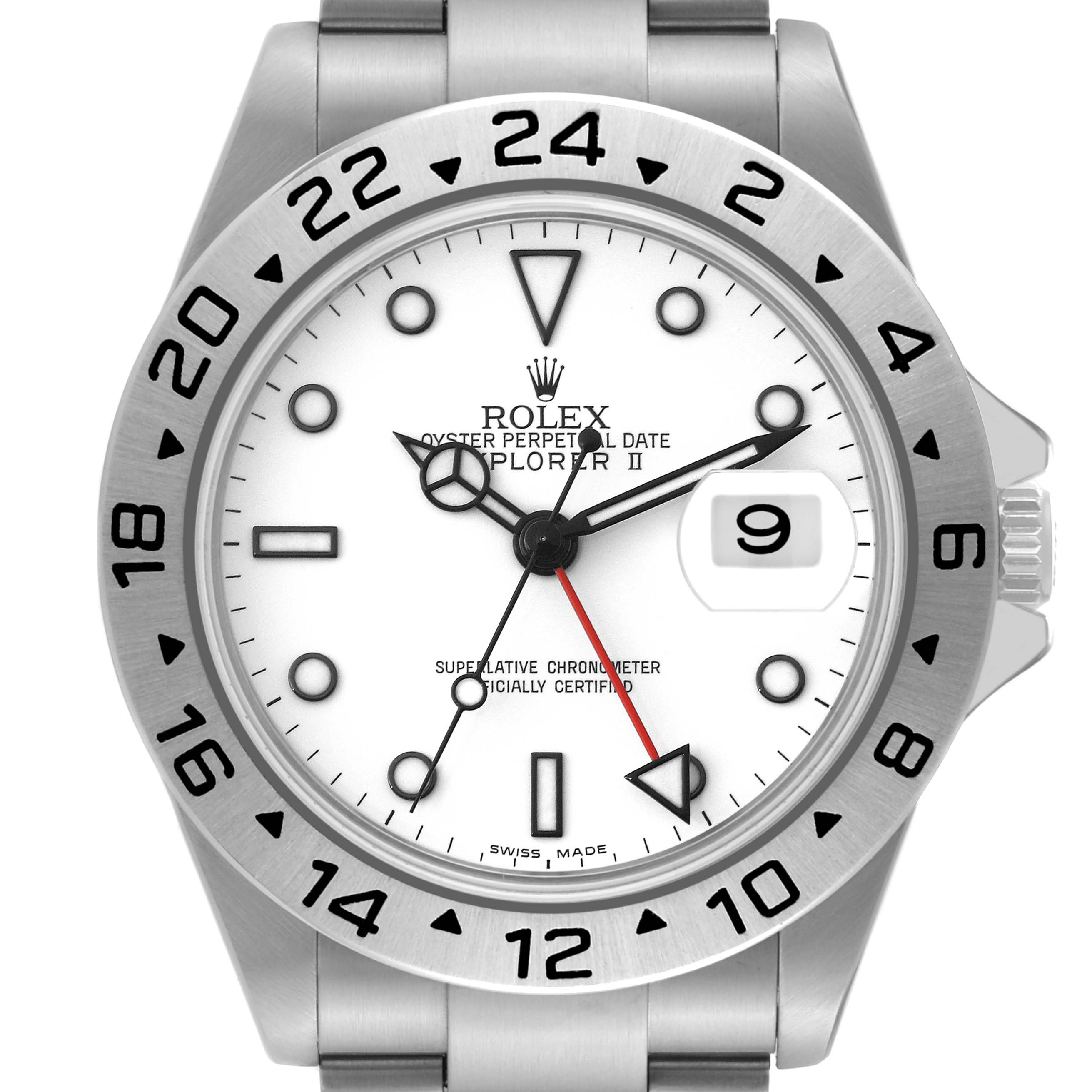 This image shows a close-up view of the face and bezel of the Rolex Explorer 16570 Men's Stainless Steel White Dial 16570 Men's Stainless Steel White Dial watch.