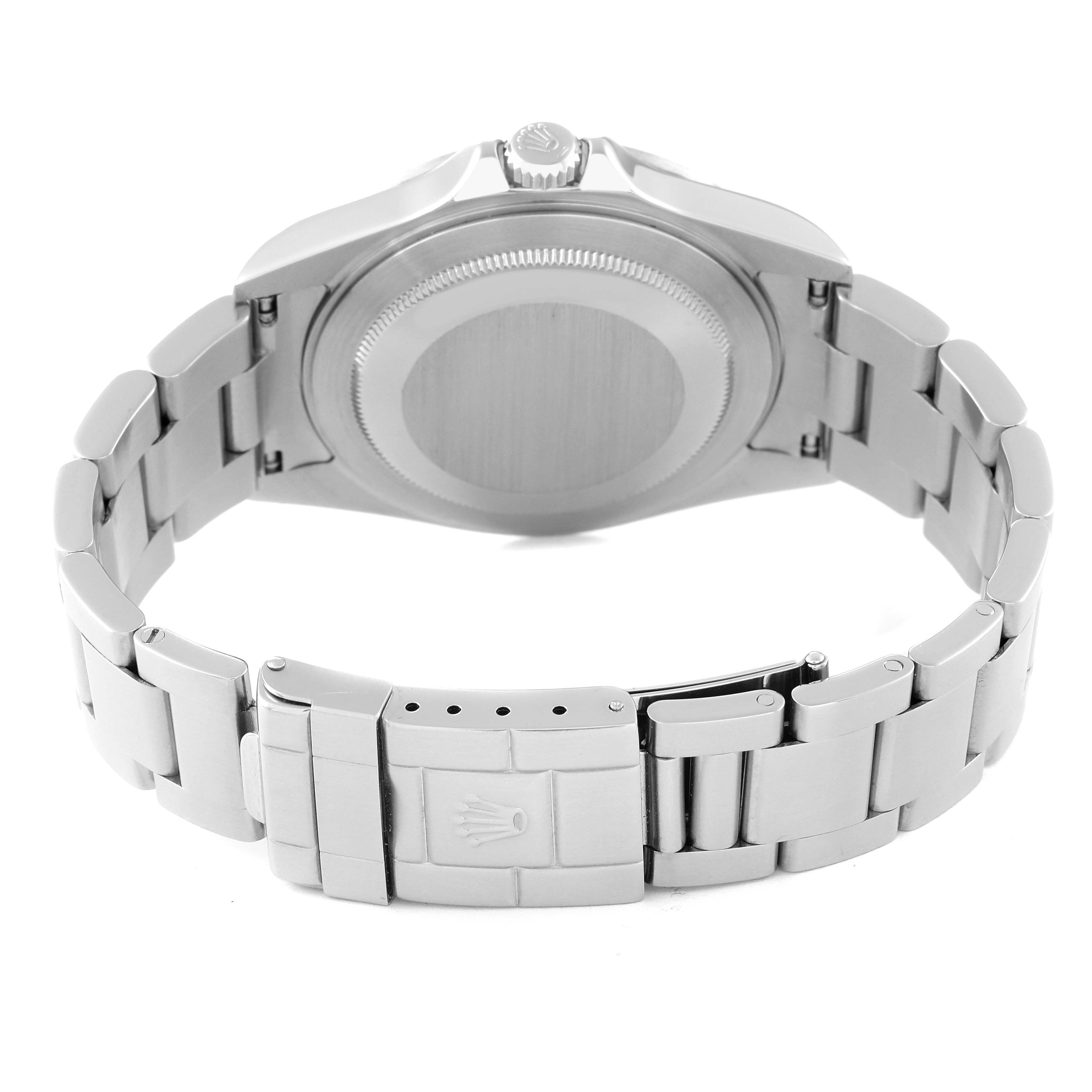 This image shows the back case and bracelet of the Rolex Explorer 16570 Men's Stainless Steel White Dial 16570 Men's Stainless Steel White Dial watch, highlighting the clasp and crown.