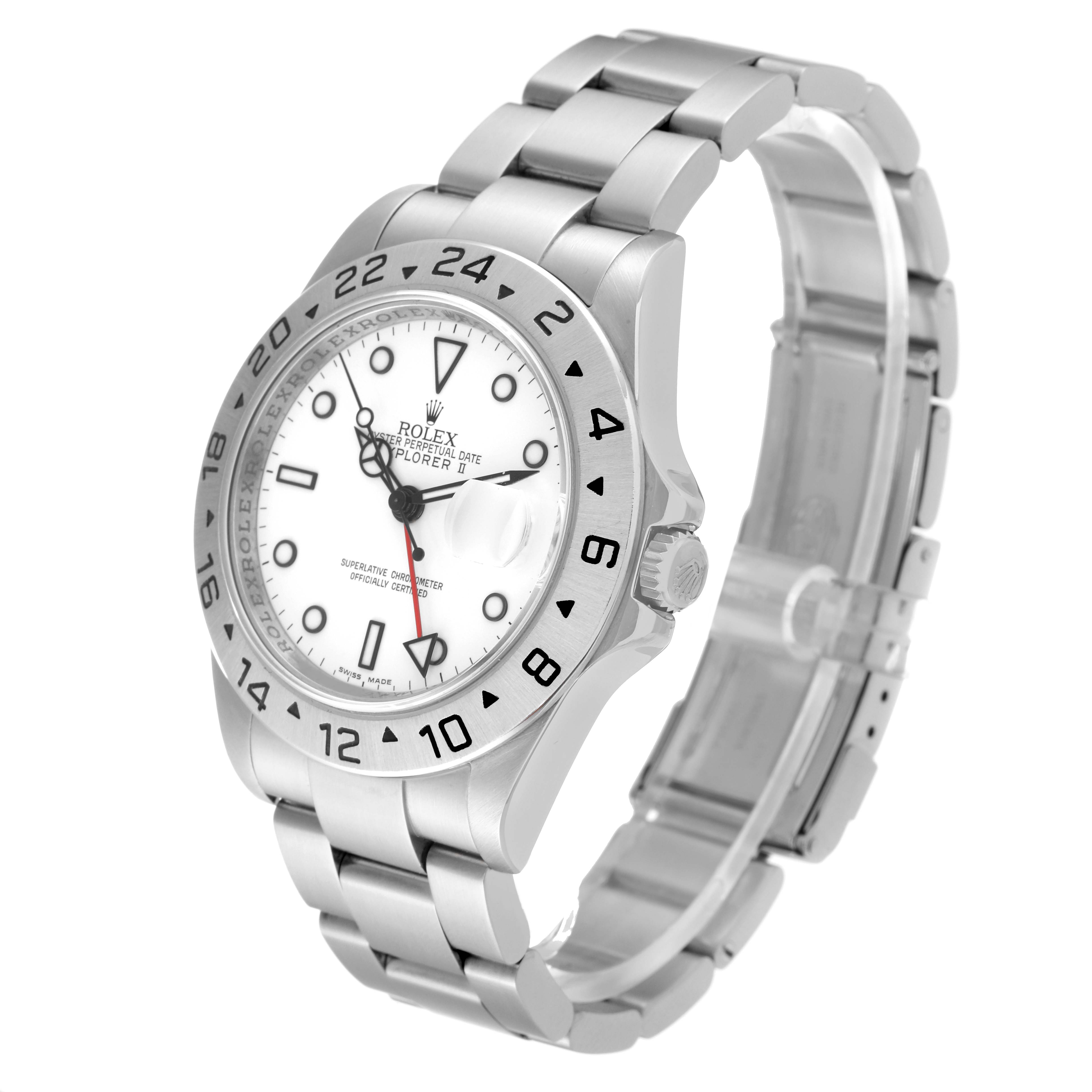 The image shows a Rolex Explorer 16570 Men's Stainless Steel White Dial 16570 Men's Stainless Steel White Dial watch at a slight angle, highlighting its bezel, dial, hour marks, and metal bracelet.