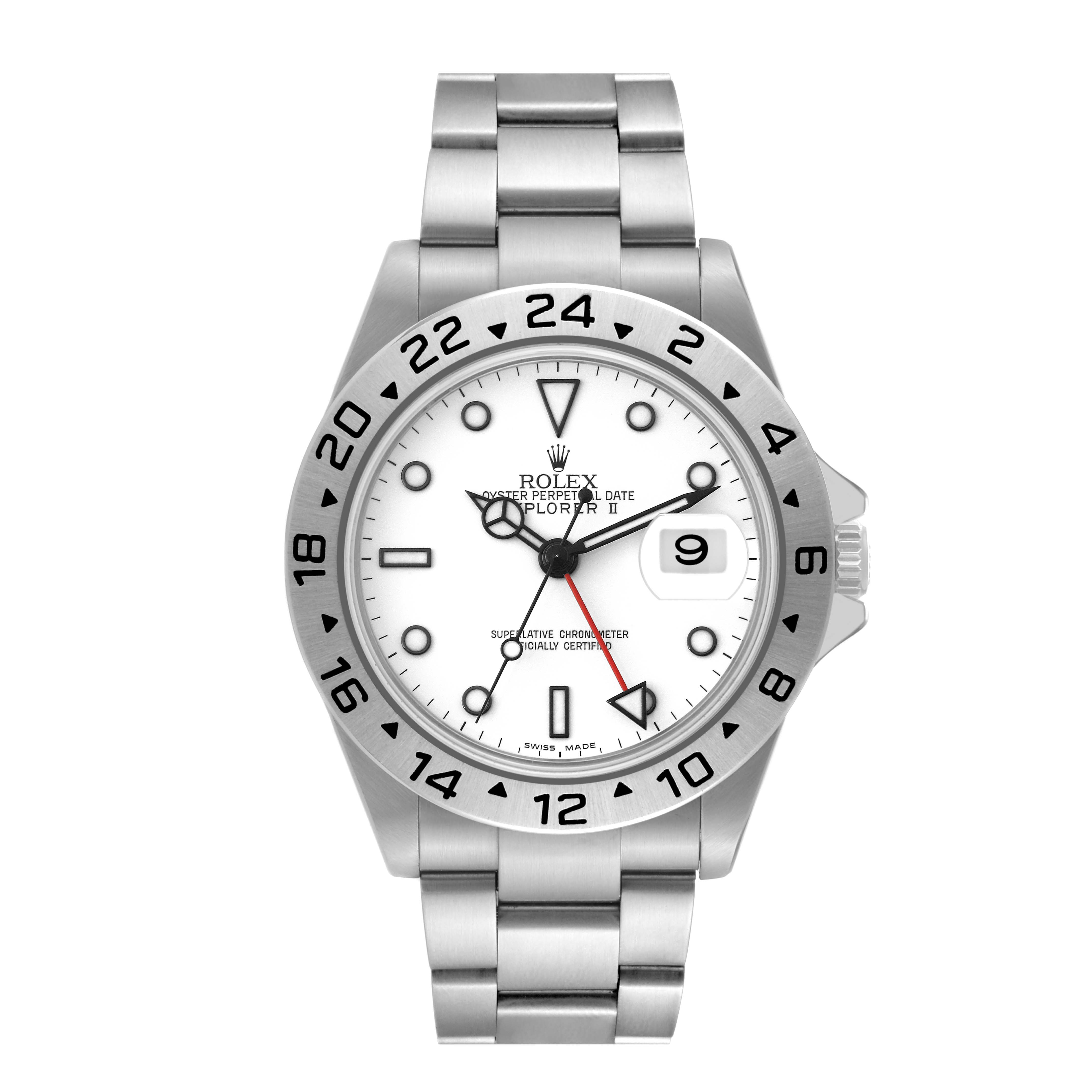 This is a front view of the Rolex Explorer 16570 Men's Stainless Steel White Dial 16570 Men's Stainless Steel White Dial watch, displaying its dial, bezel, bracelet, and date window.