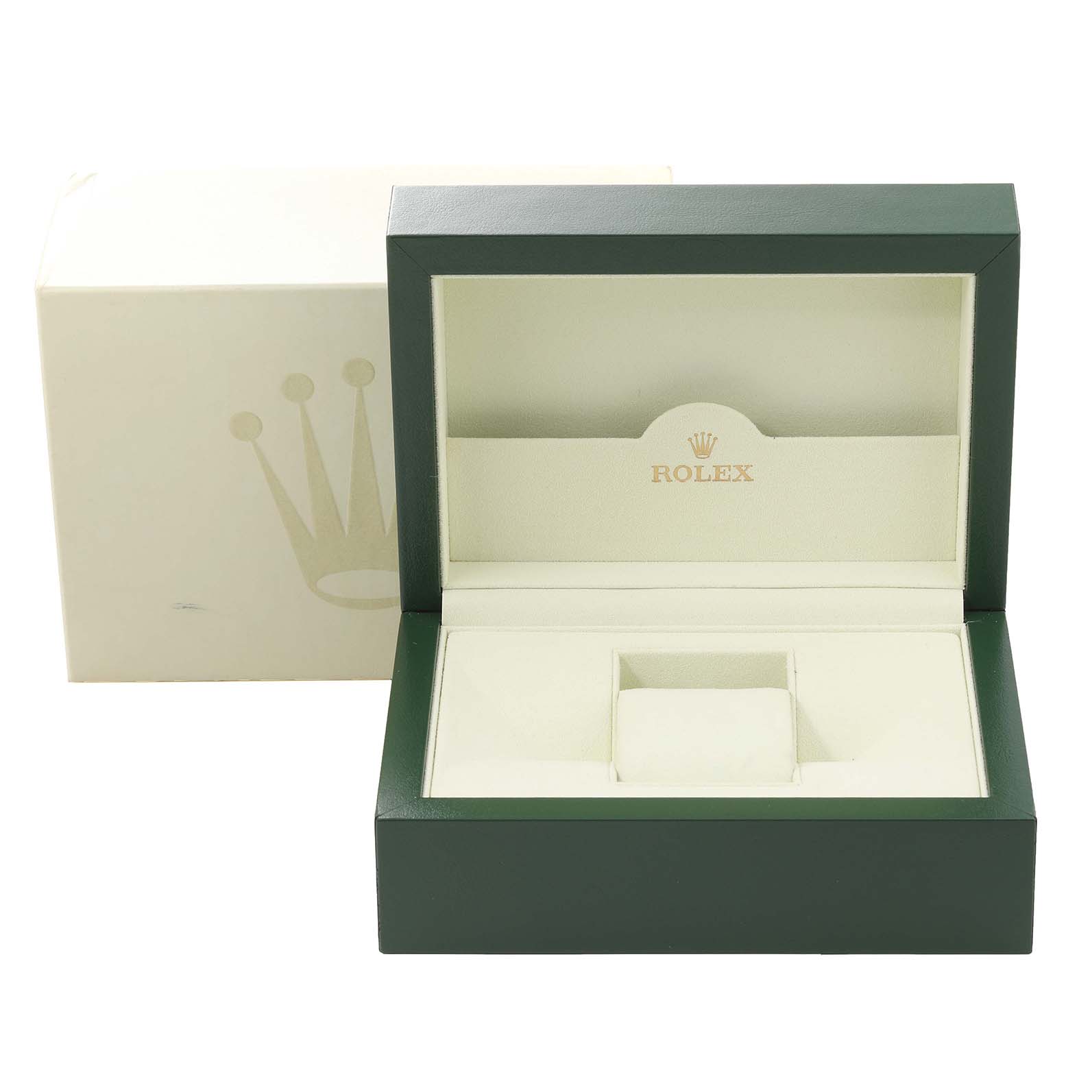 The image shows an opened green and beige Rolex watch box for the Explorer model, featuring the brand logo inside the lid.