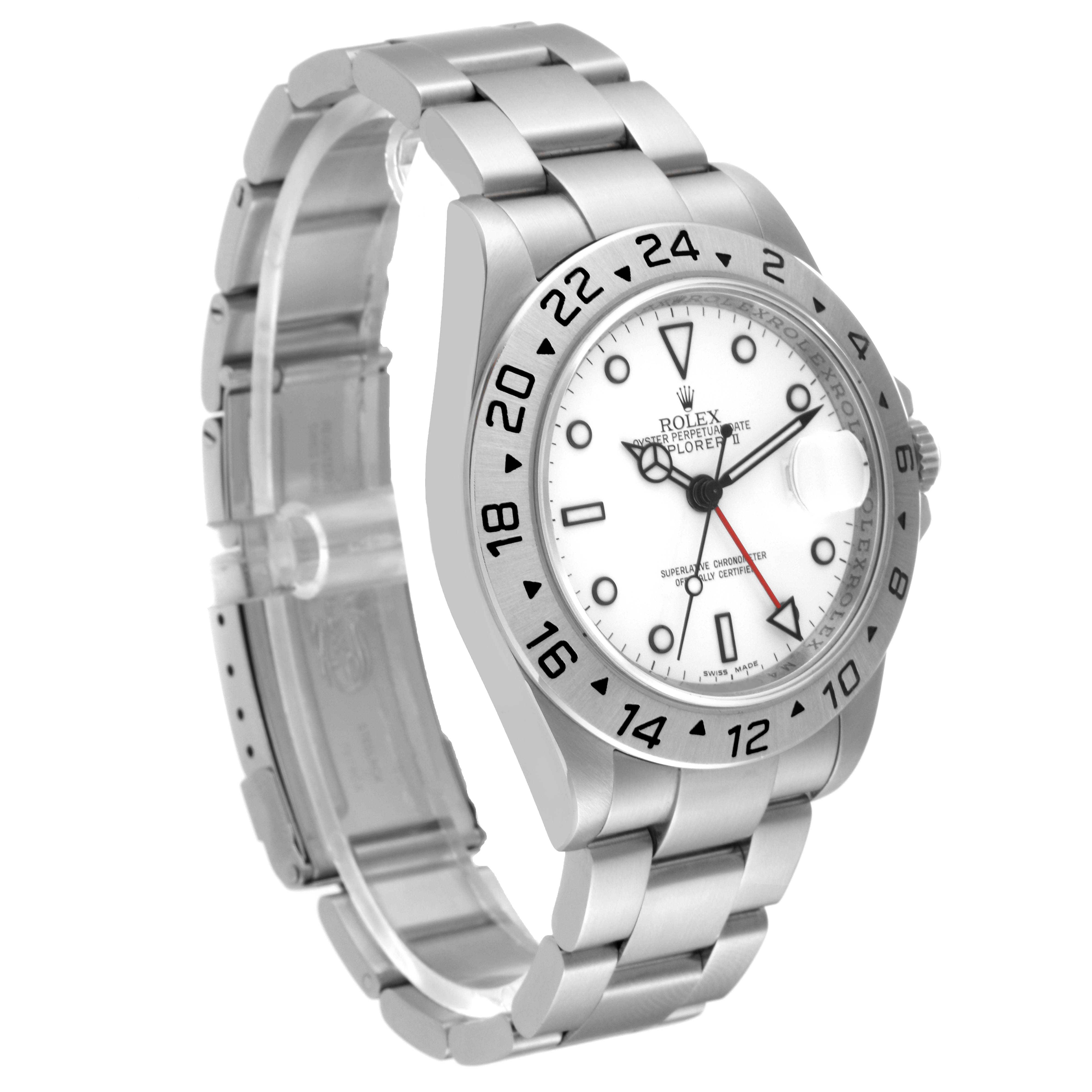 The image shows a side angle of a Rolex Explorer 16570 Men's Stainless Steel White Dial 16570 Men's Stainless Steel White Dial watch, featuring the bracelet, bezel, and watch face.